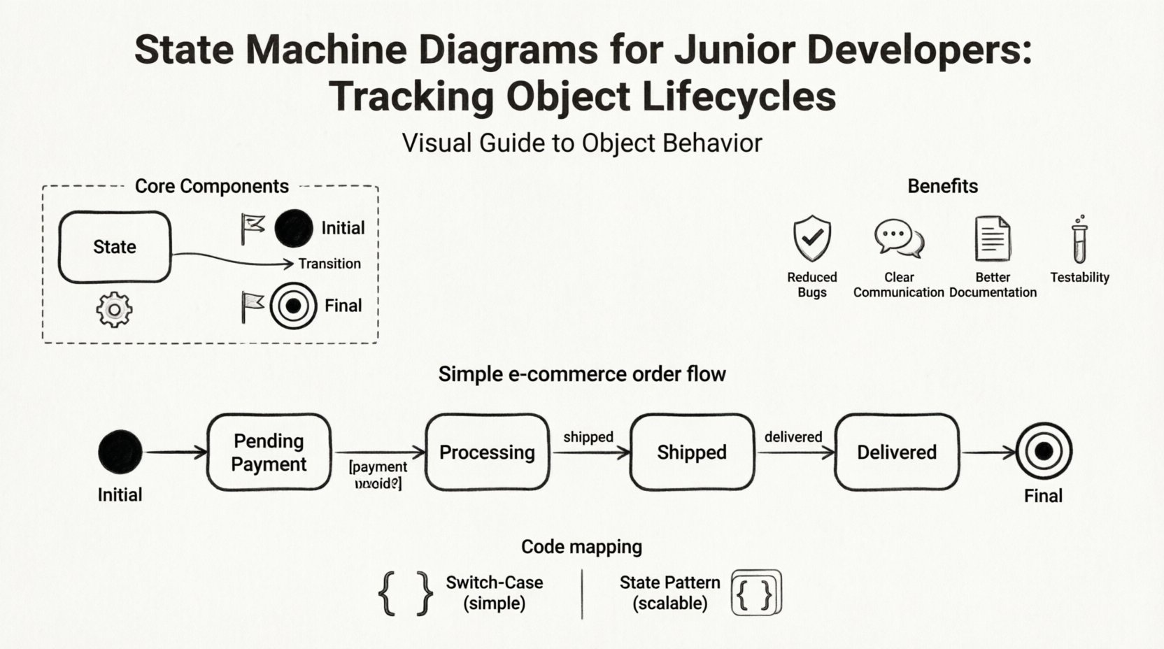Line art infographic summarizing state machine diagrams for junior developers, showing core components (states, transitions, events, initial/final states), an e-commerce order processing flow example, key benefits like reduced bugs and clear communication, and code implementation approaches using switch-case versus state pattern