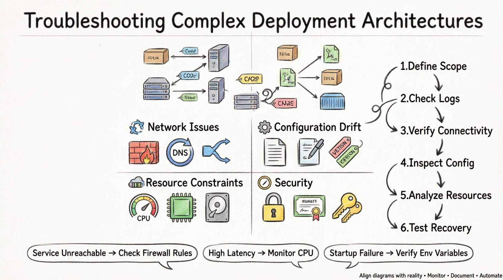 Marker-style infographic illustrating troubleshooting steps for complex deployment architectures, showing deployment diagram components (nodes, artifacts, connections), four failure mode categories with icons (network issues, configuration drift, resource constraints, security permissions), six-step diagnostic workflow, and quick-reference symptom-solution pairs for DevOps and SRE teams