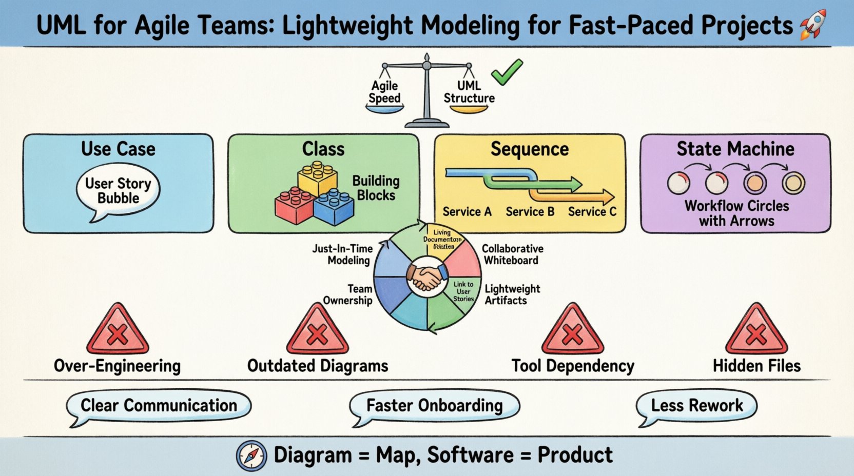 Cartoon infographic summarizing lightweight UML modeling for agile teams: balancing speed and structure, four core diagrams (use case, sequence, class, state machine), sprint integration strategies, common pitfalls to avoid, and visual communication benefits for fast-paced software development projects