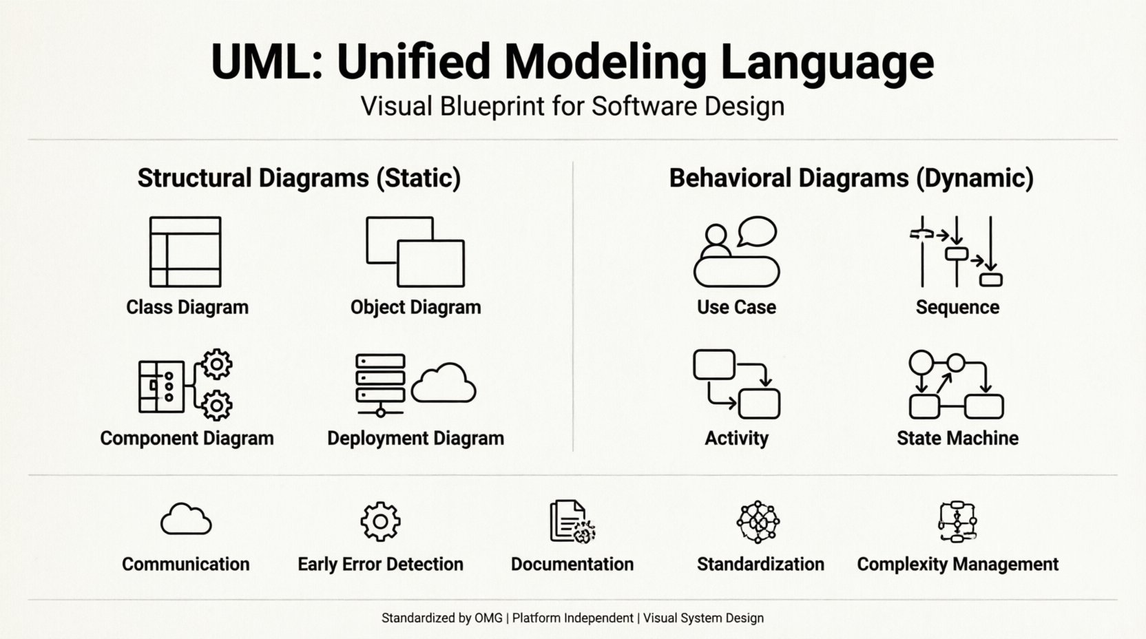 Line art infographic explaining Unified Modeling Language (UML) for beginners, showing structural diagrams (Class, Object, Component, Deployment) and behavioral diagrams (Use Case, Sequence, Activity, State Machine), plus key benefits including improved communication, early error detection, and documentation for software system design