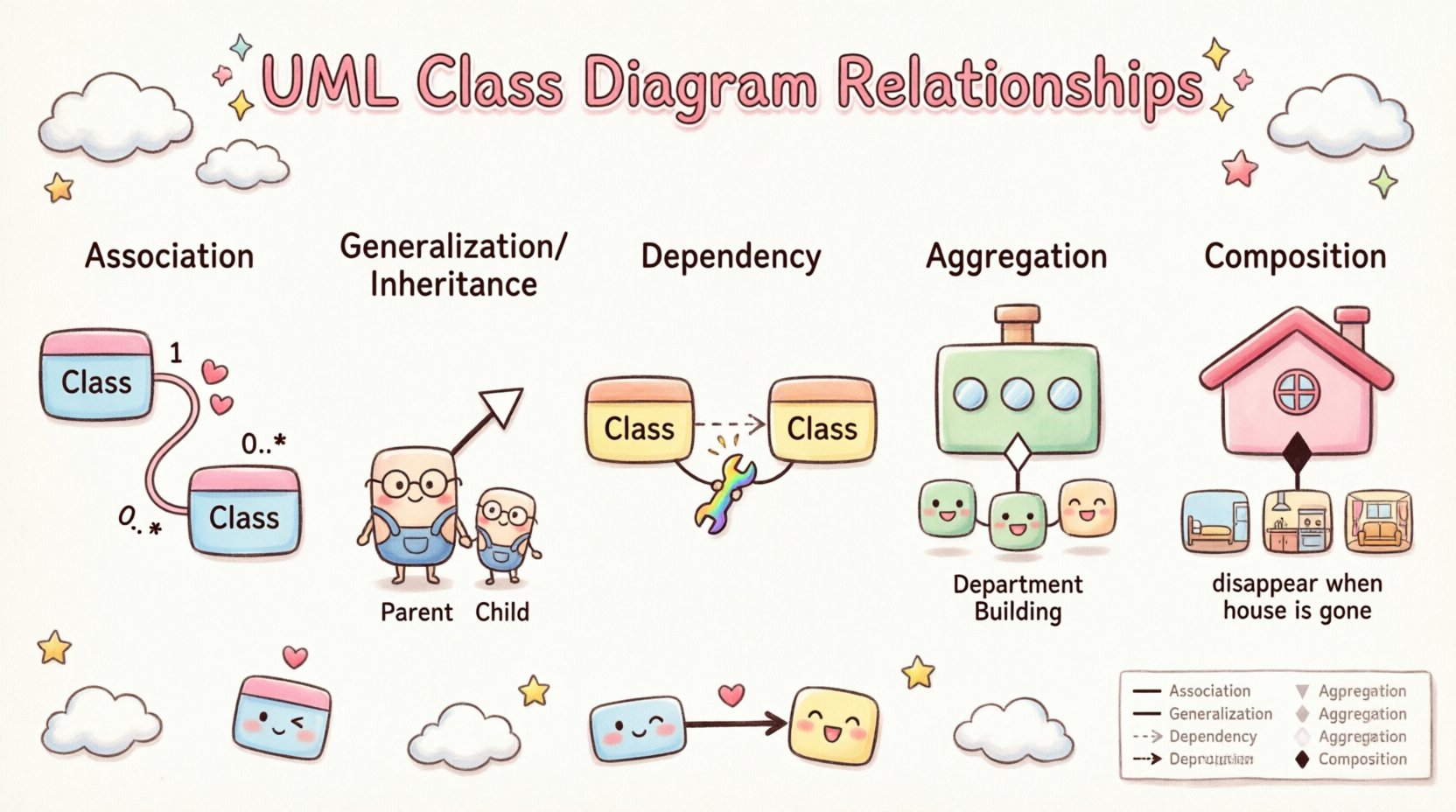 Kawaii-style infographic summarizing UML Class Diagram relationships: Association (solid line with multiplicity), Generalization/Inheritance (hollow triangle arrow), Dependency (dashed line with open arrow), Aggregation (hollow diamond), and Composition (filled diamond), featuring cute pastel-colored class boxes, friendly icons, and a comparison table in soft rounded kawaii aesthetic, 16:9 aspect ratio