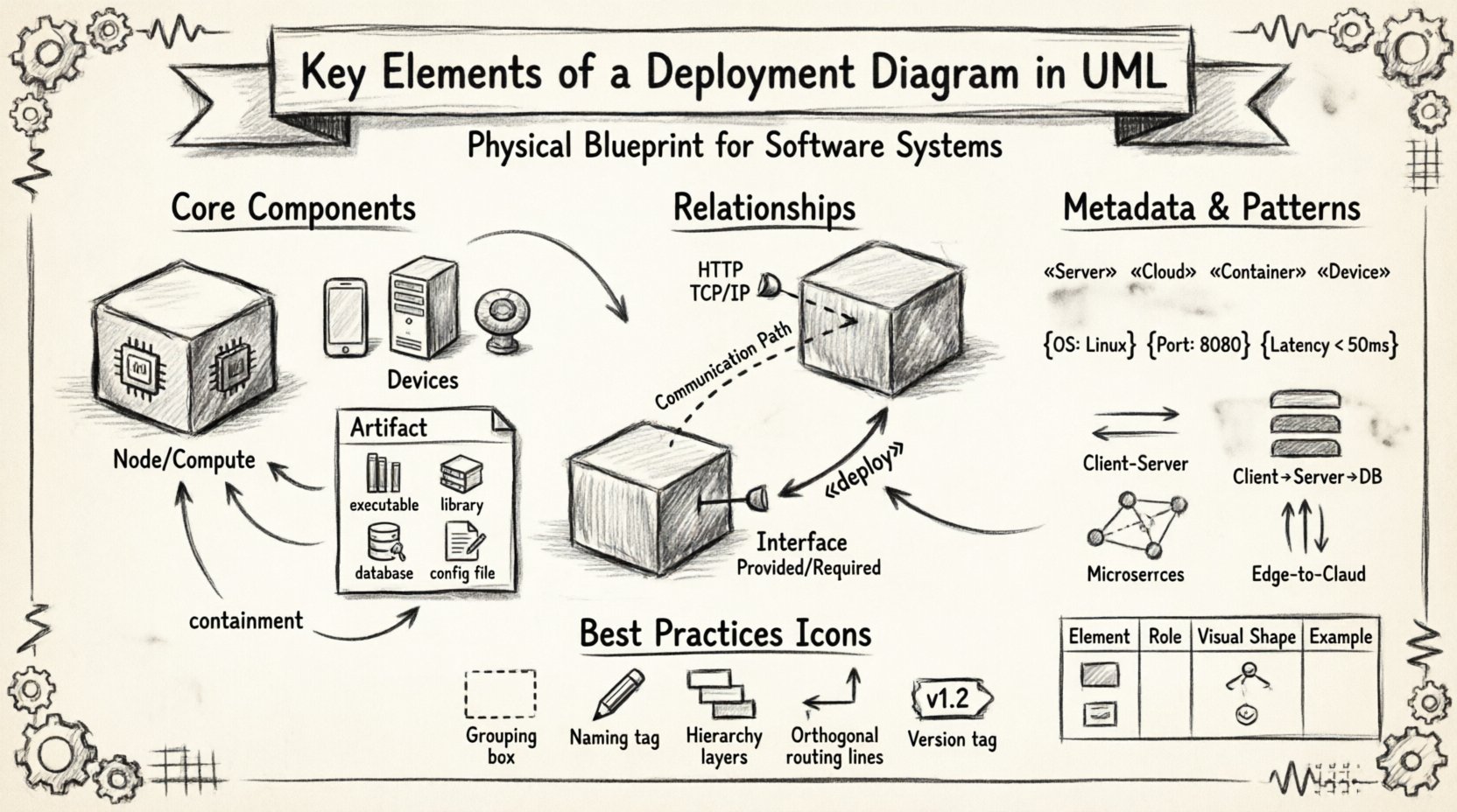 Charcoal sketch infographic illustrating key elements of UML deployment diagrams: nodes (compute servers, devices), artifacts (executables, libraries, databases), communication paths with protocols, interface lollipops, stereotypes like Server/Cloud/Container, constraints, and architectural patterns including client-server, multi-tier, microservices, and edge computing, plus best practices for diagram design