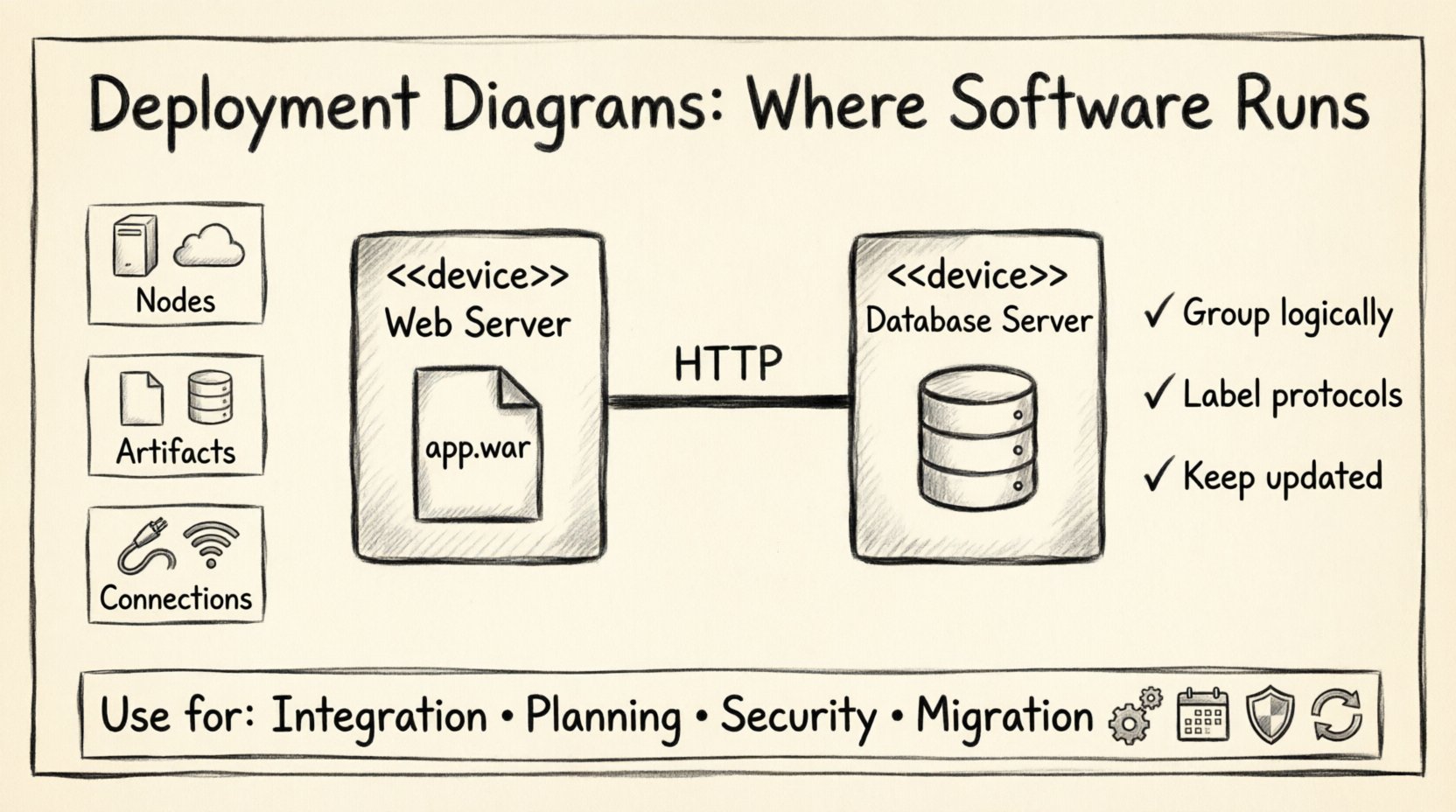 Hand-drawn infographic explaining UML deployment diagrams: visual guide showing nodes (devices and execution environments), artifacts (executables and databases), communication connections with protocols, plus key use cases like system integration and security auditing, and best practices for clear software architecture documentation