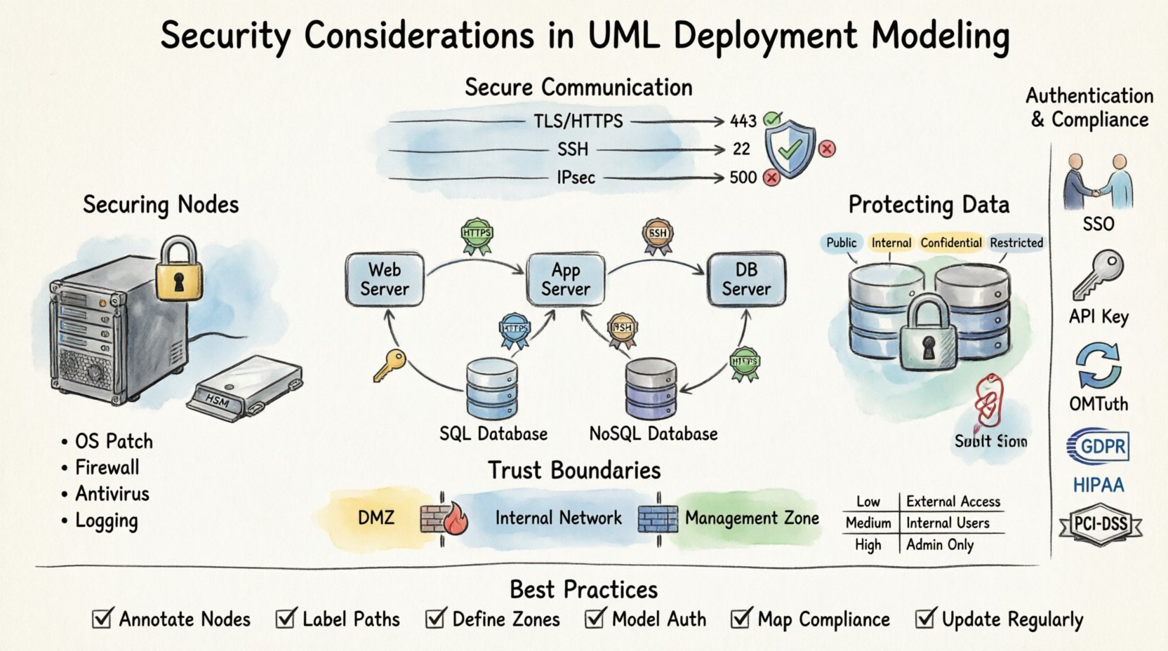 Hand-drawn infographic illustrating security considerations in UML deployment modeling, featuring secured nodes with hardening checklists, data classification levels with encryption indicators, secure communication protocols (TLS/SSH/IPSec), trust boundary zones (DMZ/Internal/Management), authentication mechanisms, compliance badges (GDPR/HIPAA/PCI-DSS), and best practices checklist for building secure-by-design software architectures