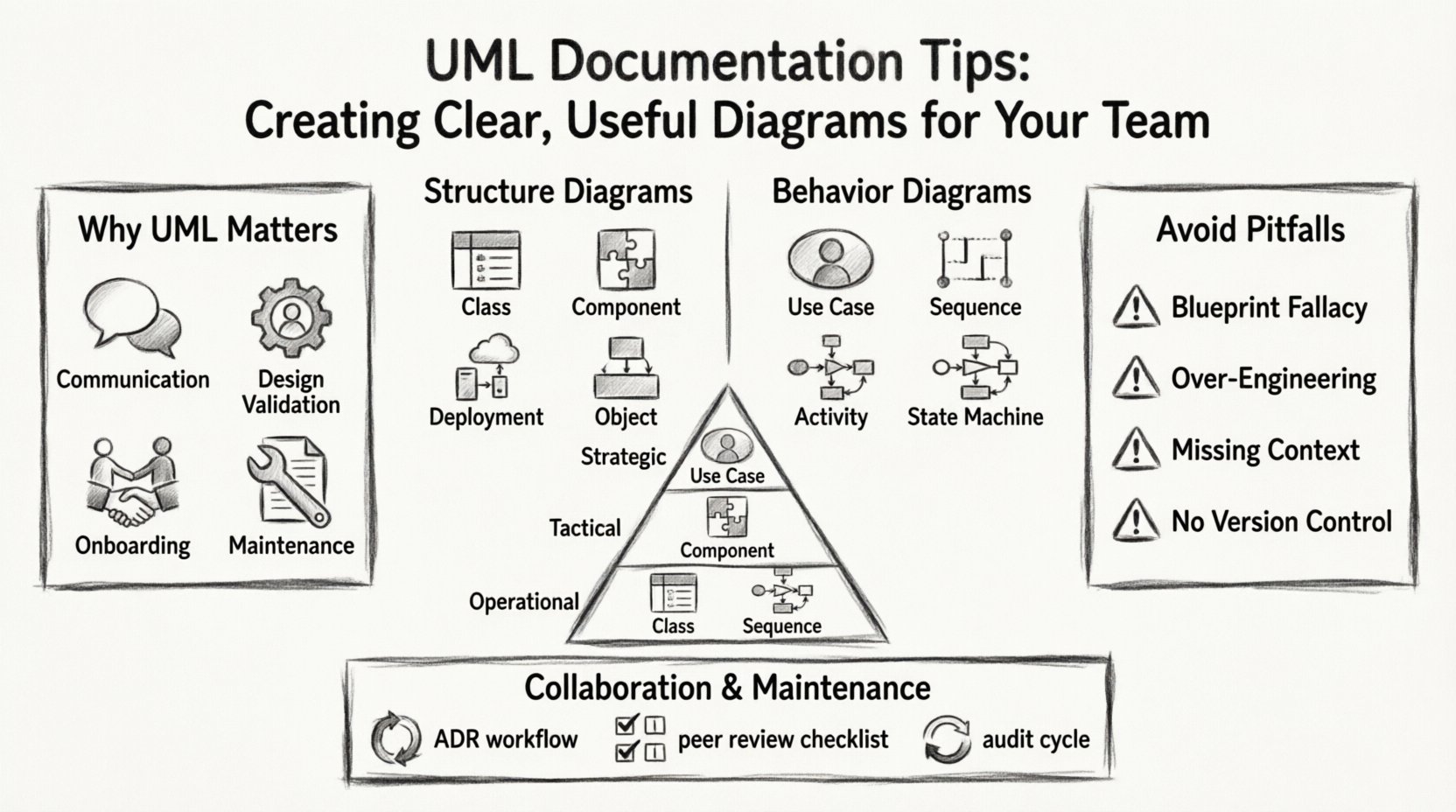 Charcoal contour sketch infographic summarizing UML documentation best practices: core diagram categories (Structure vs Behavior), design principles for clarity, common pitfalls to avoid, collaboration workflows, and maintenance strategies for creating clear, useful technical diagrams that align development teams