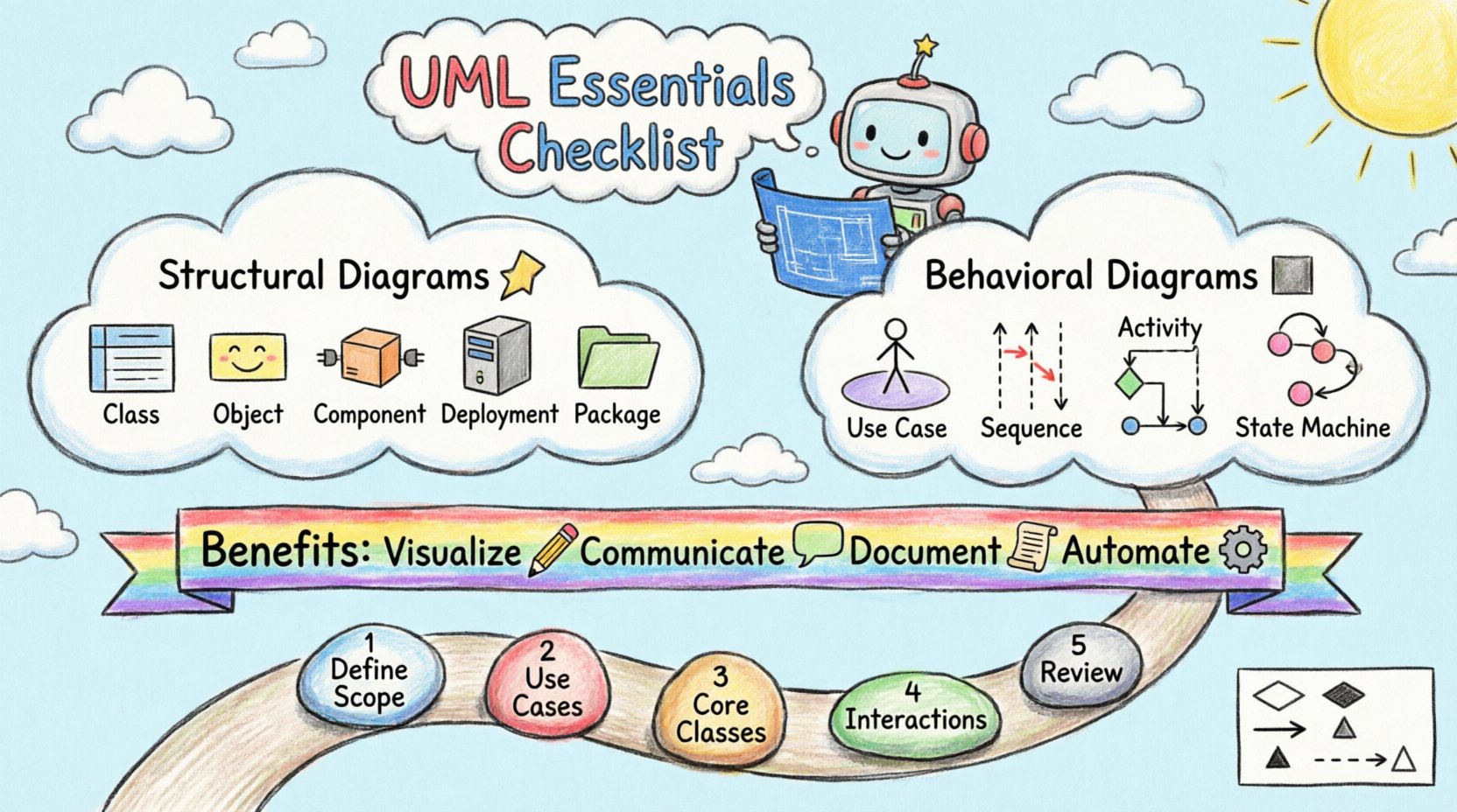 Child-friendly infographic summarizing UML Essentials for beginners: shows Structural diagrams (Class, Object, Component, Deployment, Package) and Behavioral diagrams (Use Case, Sequence, Activity, State Machine) with playful crayon-style illustrations, key benefits, 5-step modeling workflow, and common symbols guide for software design learning