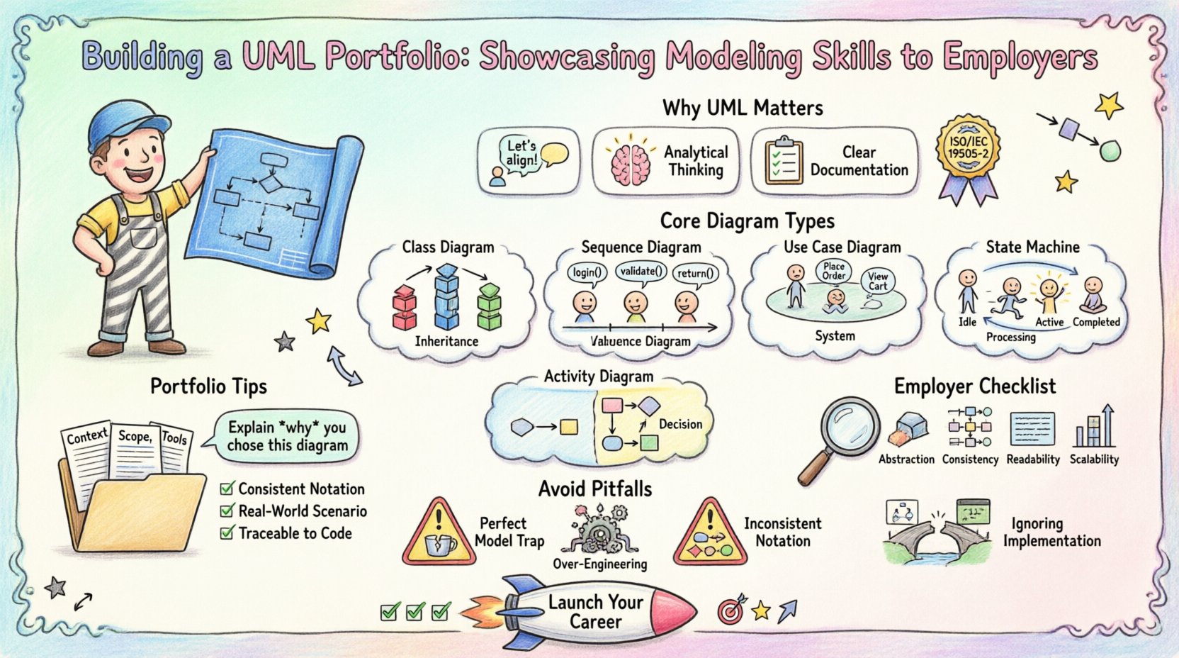 Whimsical infographic summarizing how to build a UML portfolio for job seekers, featuring five core diagram types (Class, Sequence, Use Case, Activity, State Machine), portfolio structuring tips, employer evaluation criteria, common mistakes to avoid, and a final checklist, all illustrated in a playful cartoon style with pastel colors and friendly characters