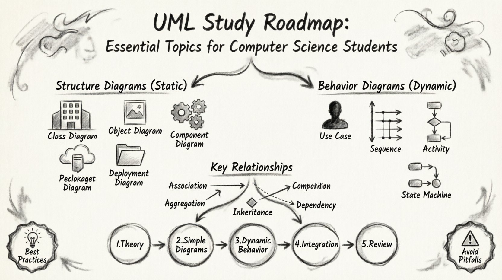 Charcoal sketch infographic summarizing UML Study Roadmap for Computer Science students: features Structure Diagrams (Class, Object, Component, Deployment, Package) and Behavior Diagrams (Use Case, Sequence, Activity, State Machine), key UML relationships (Association, Aggregation, Composition, Inheritance, Dependency), 5-step learning path from theory to review, plus best practices and common pitfalls—all rendered in hand-drawn contour style for educational clarity