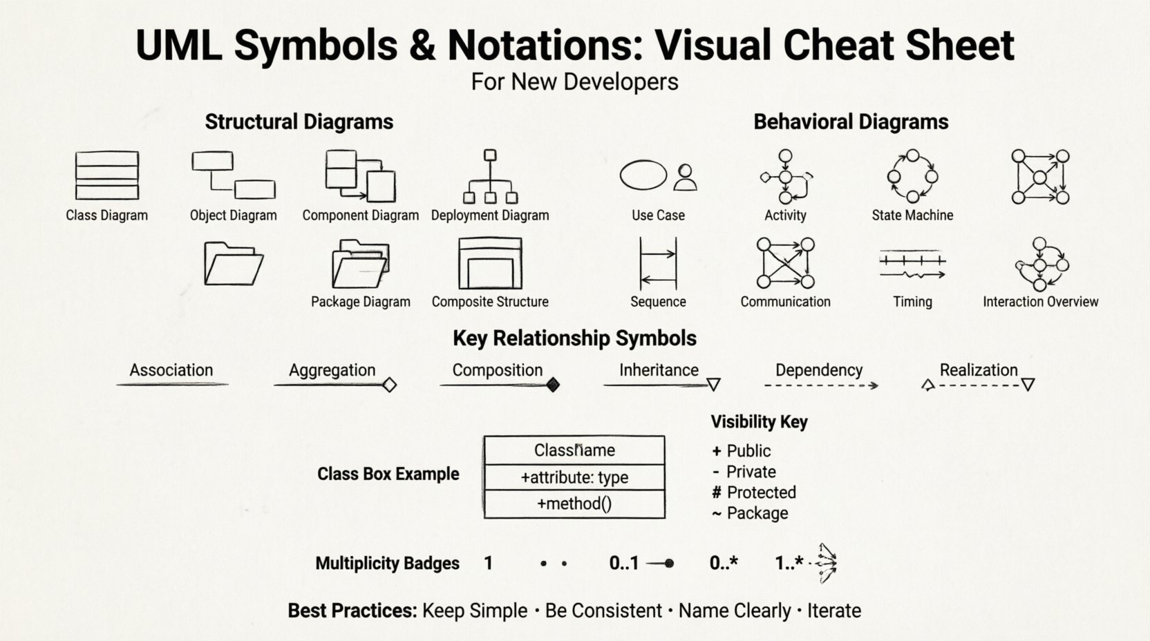 Line art infographic cheat sheet showing UML symbols and notations for new developers, including structural diagrams (class, object, component, deployment, package, composite structure), behavioral diagrams (use case, activity, state machine, sequence, communication, timing, interaction overview), relationship symbols (association, aggregation, composition, inheritance, dependency, realization), class diagram three-compartment structure with visibility markers (+, -, #, ~), and multiplicity notations (1, 0..1, 0..*, 1..*) in a clean minimalist 16:9 layout with best practices footer
