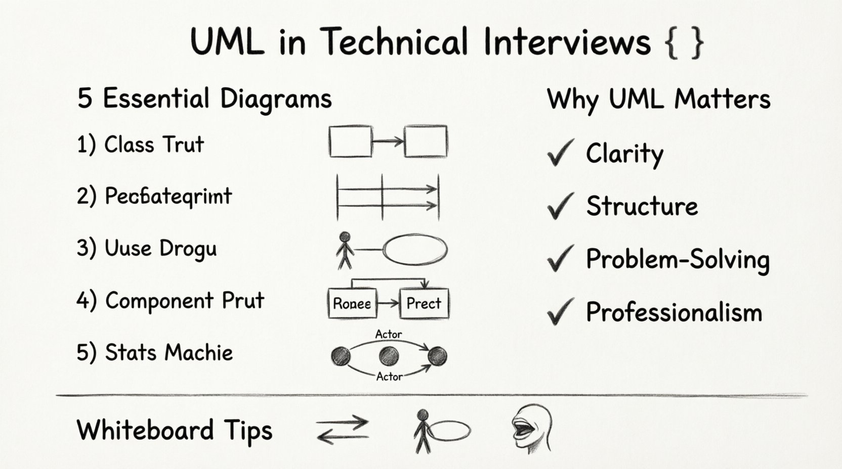 Line art infographic summarizing how to use UML diagrams in technical interviews, featuring five essential diagram types (Class, Sequence, Use Case, Component, State Machine) with minimalist icons, key benefits including clarity and structural validation, whiteboard sketching tips like labeling arrows and narrating your process, all in clean black-and-white 16:9 layout for engineering interview preparation
