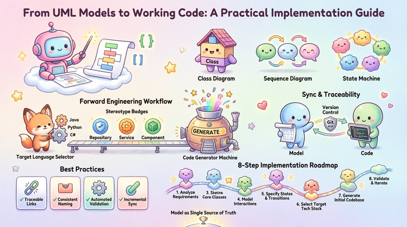 Kawaii-style infographic summarizing a practical guide to transforming UML models into working code, featuring essential diagrams (class, sequence, state machine), forward engineering workflow, model-code synchronization strategies, implementation best practices, and an 8-step roadmap for software teams