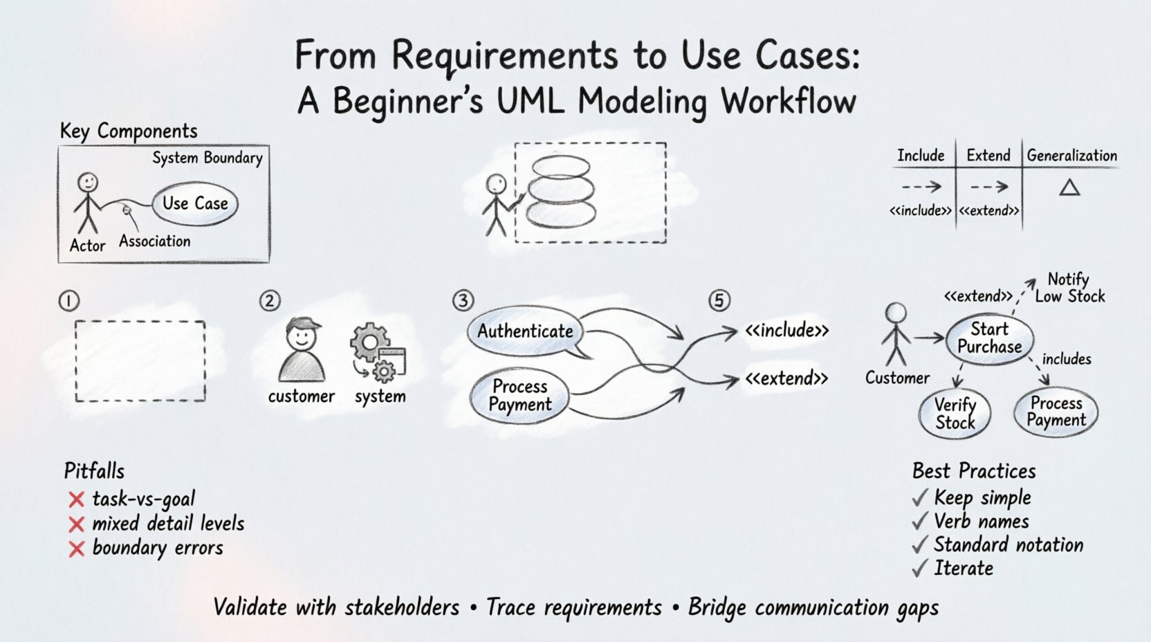 Hand-drawn infographic illustrating a beginner's UML use case modeling workflow: shows 5-step process from requirements to use cases, key components (actors, system boundary, associations), include/extend relationships, e-commerce checkout example, common pitfalls to avoid, and best practices for visual software requirements modeling