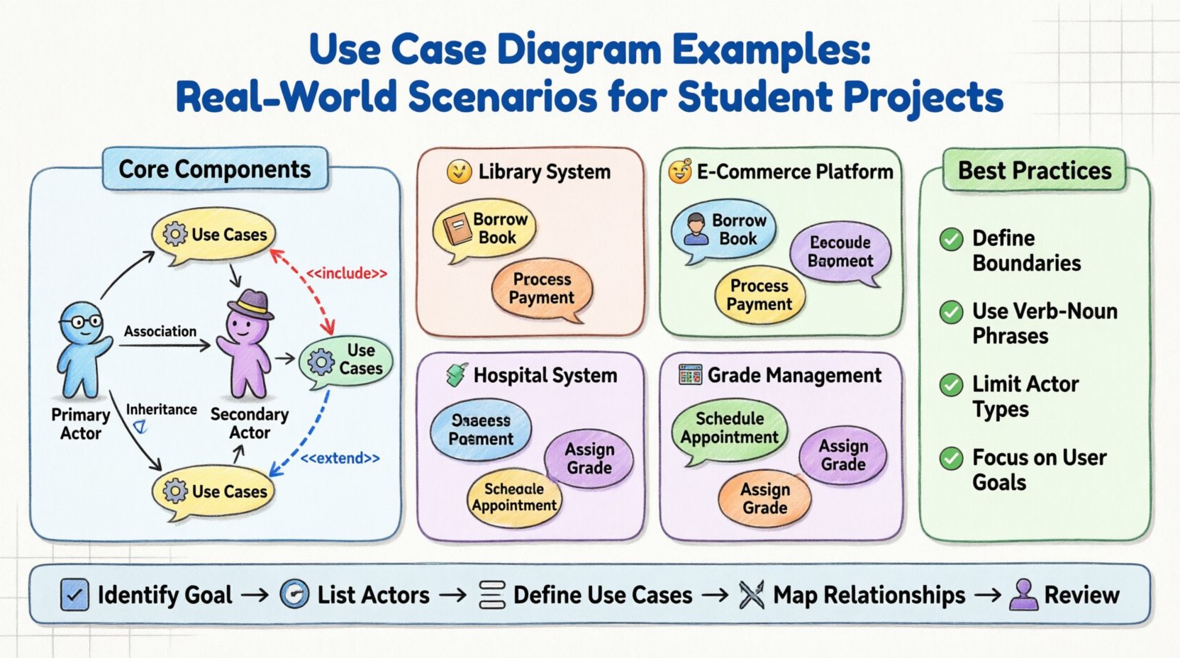 Cartoon-style educational infographic summarizing use case diagram examples for student projects, featuring core UML components (actors, use cases, relationships with include/extend/generalization), four real-world scenario examples (Library Management System, E-Commerce Platform, Hospital Appointment System, Student Grade Management System) with key actors and use cases, plus best practices checklist and step-by-step creation guide, designed in 16:9 aspect ratio for presentations and web content