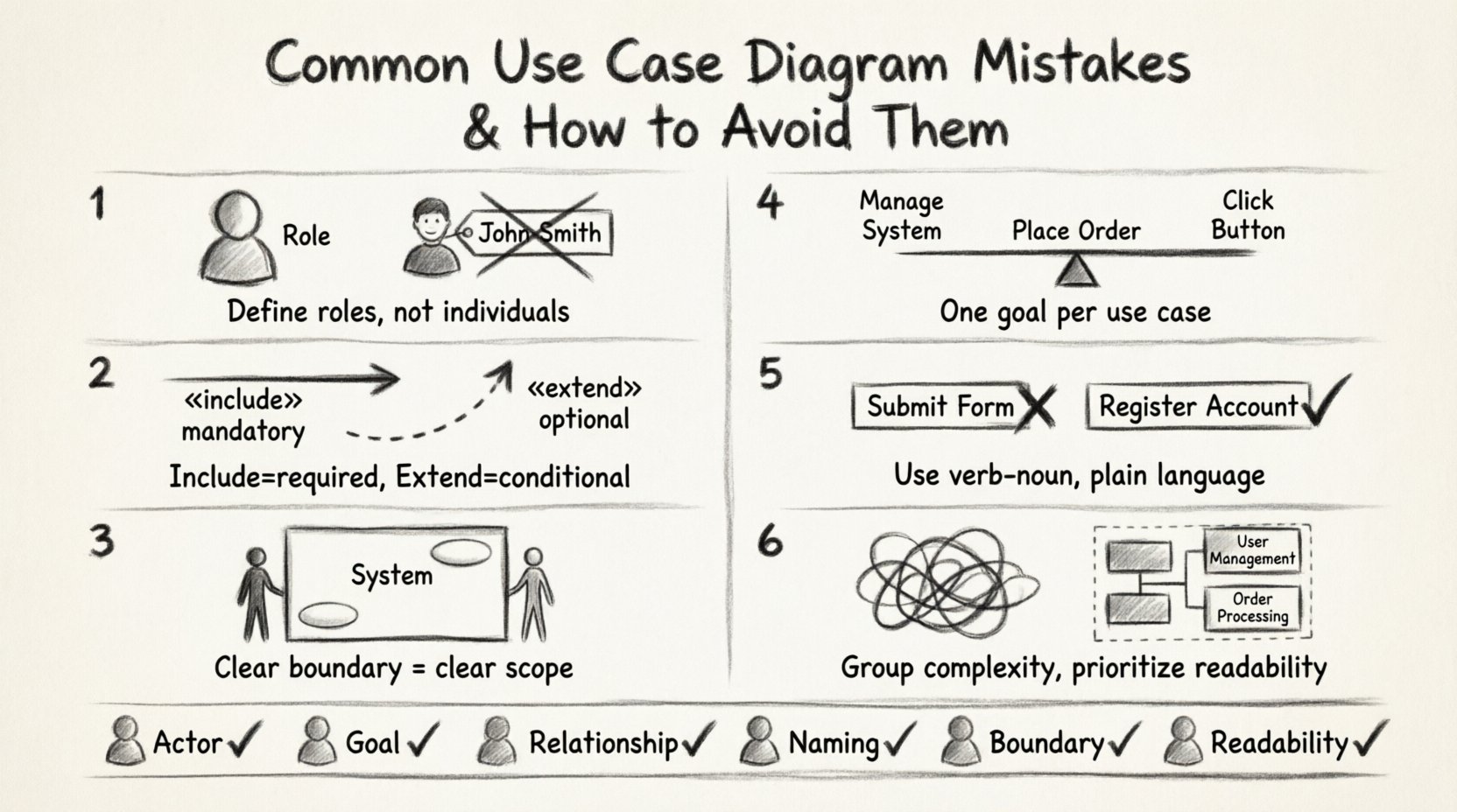 Charcoal sketch infographic summarizing six common UML use case diagram mistakes: confusing actors with users, misusing include/extend relationships, ignoring system boundaries, inconsistent granularity, poor naming conventions, and visual clutter. Each mistake includes a sketched icon and correction strategy, plus a final quality checklist for clean modeling.