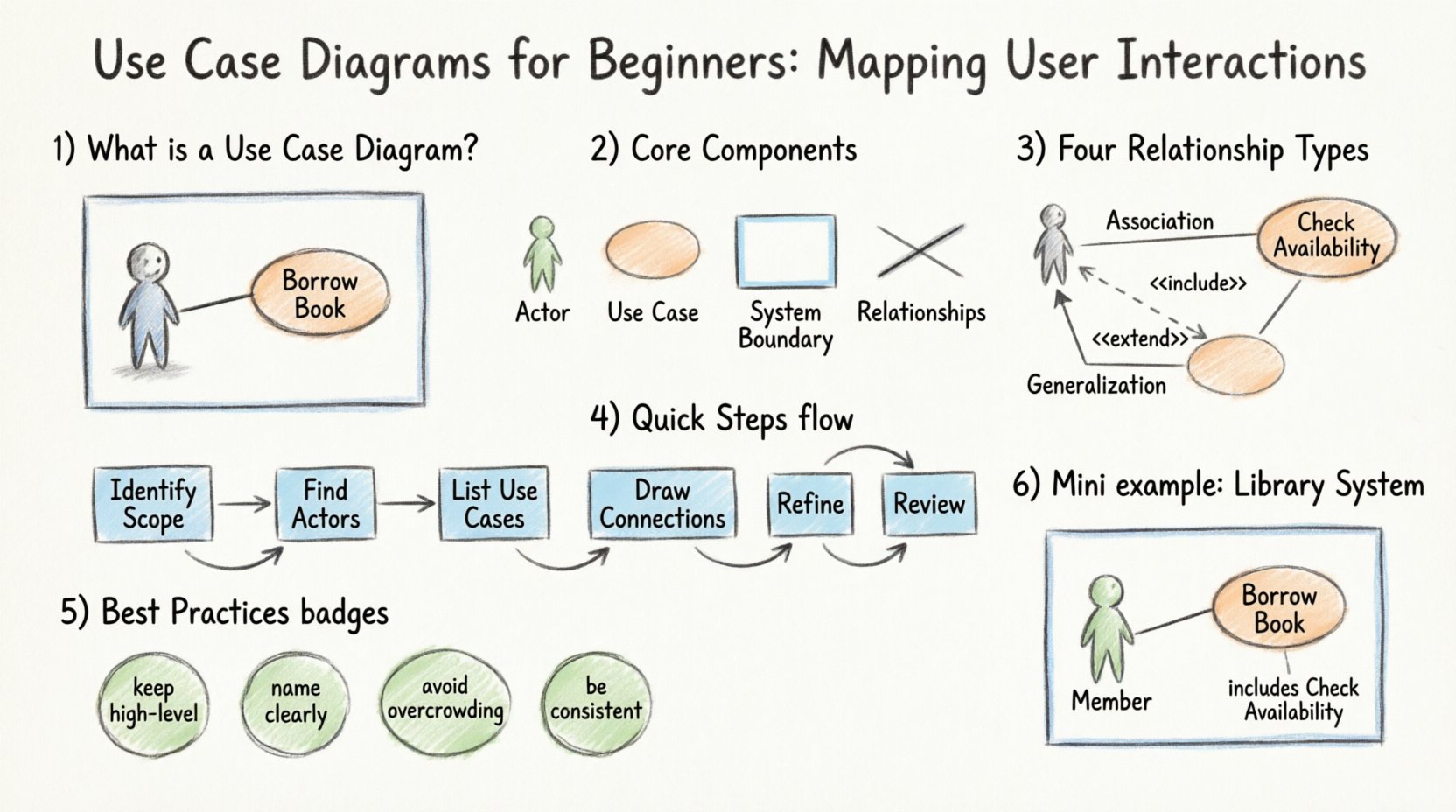 Hand-drawn educational infographic explaining Use Case Diagrams for beginners, featuring core UML components (stick-figure actors, oval use cases, system boundary box, relationship lines), four relationship types (association, include, extend, generalization) with visual symbols, six-step creation process, best practices checklist, and a library management system example, rendered in sketchy pencil style with soft colors on white background, 16:9 widescreen layout