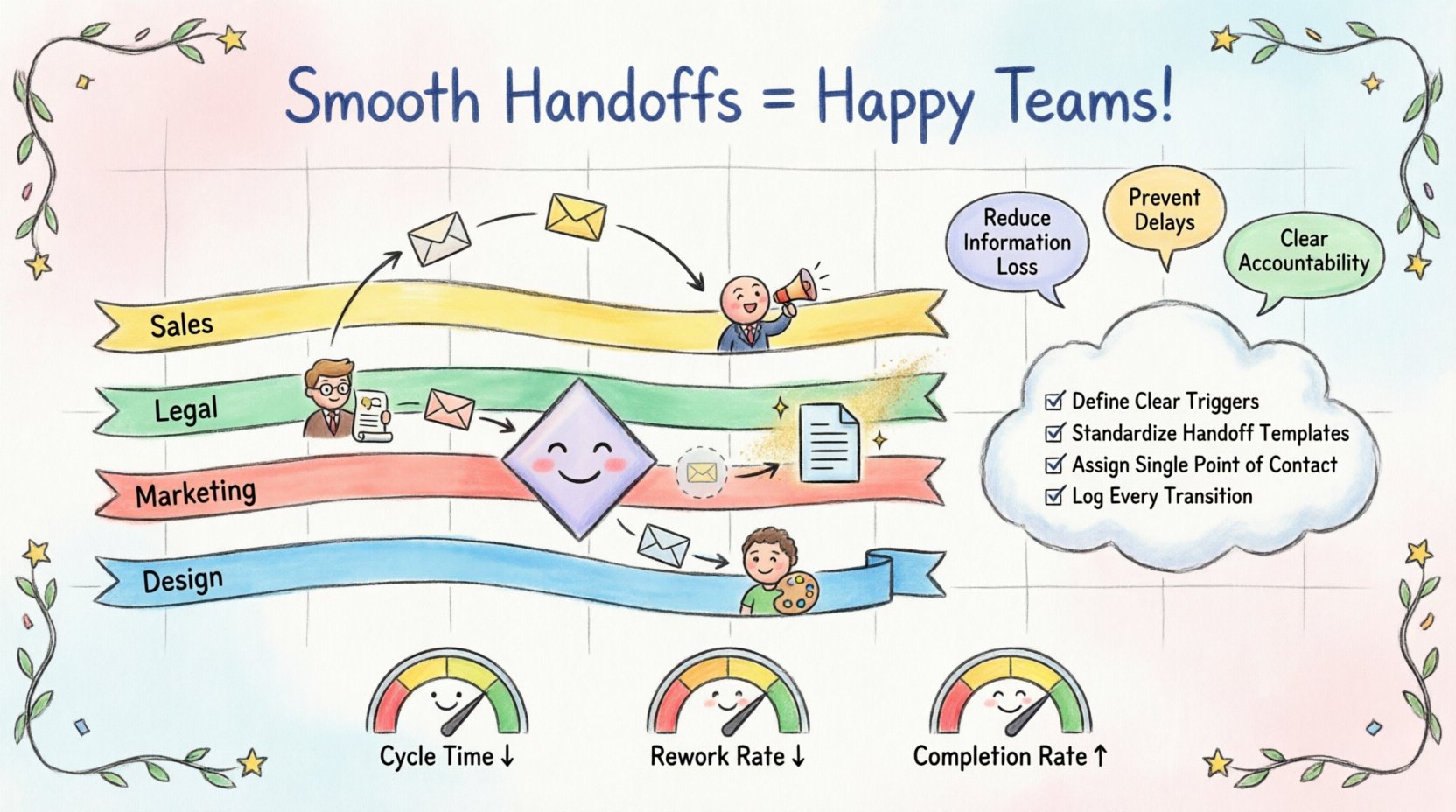 Whimsical infographic illustrating how to visualize departmental handoffs using BPMN standards, featuring colorful lane diagrams, message flow arrows with envelope icons, playful BPMN symbols like gateways and data objects, key benefits including reduced information loss and clearer accountability, implementation checklist, and success metrics for smoother cross-team workflows