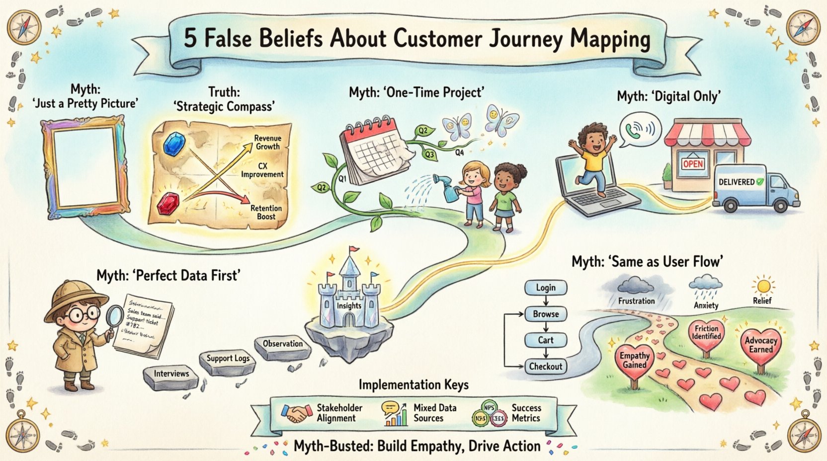 Whimsical infographic illustrating 5 common myths about customer journey mapping versus the truth: (1) not just a visual diagram but a strategic tool, (2) not a one-time project but a living document, (3) not digital-only but omni-channel, (4) no perfect data needed to start, (5) different from user flows by including emotional context. Features playful watercolor illustrations, cartoon characters, and a winding journey path showing implementation strategies and success metrics for effective customer experience design.