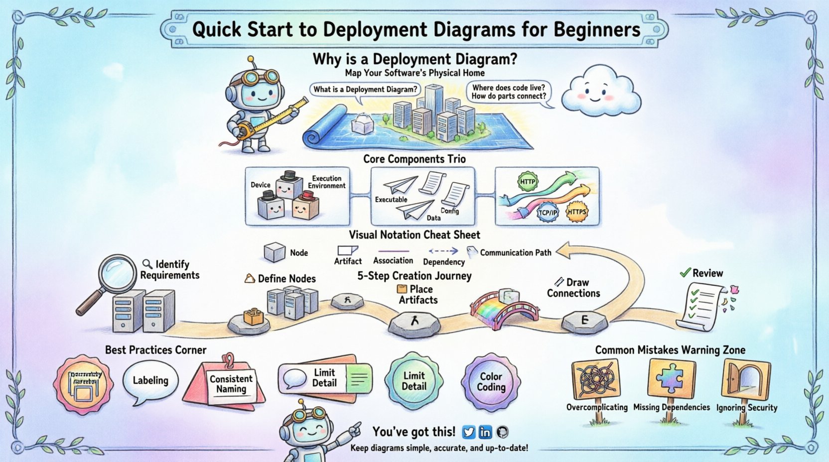 Whimsical infographic guide to deployment diagrams for beginners showing core components: nodes as 3D cubes, artifacts as folded documents, and communication paths with protocol labels. Features a playful 5-step creation process, visual notation cheat sheet, best practices tips, and common mistakes to avoid, all illustrated with friendly robot characters and soft pastel colors in 16:9 format.