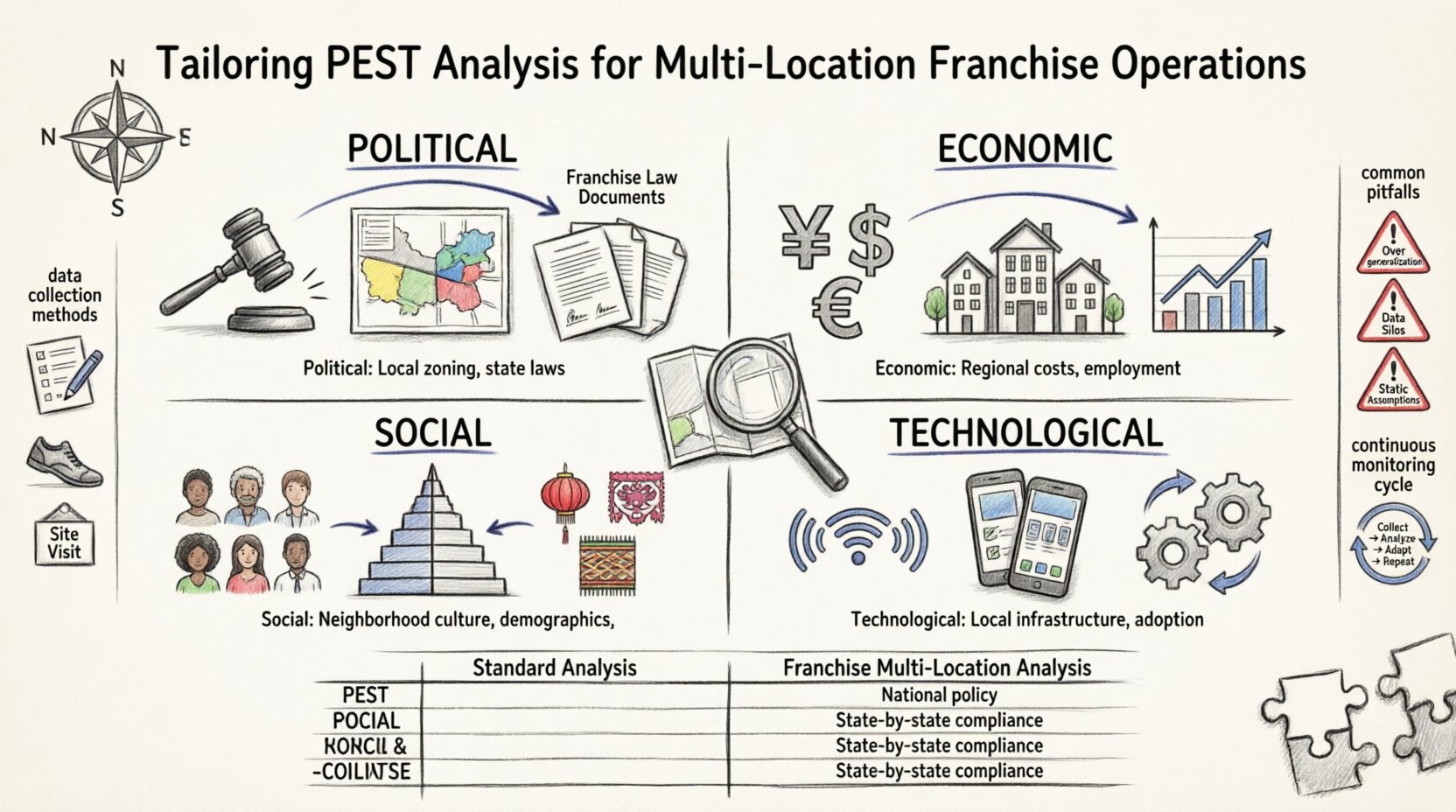 Sketch-style infographic illustrating how to tailor PEST analysis for multi-location franchise operations, featuring four quadrants for Political (local zoning, franchise laws), Economic (regional costs, employment rates), Social (demographics, cultural preferences), and Technological (local infrastructure, digital adoption) factors, with visual comparisons between standard national analysis and franchise-specific localized assessments, plus data collection strategies and continuous monitoring cycles for strategic multi-site business planning