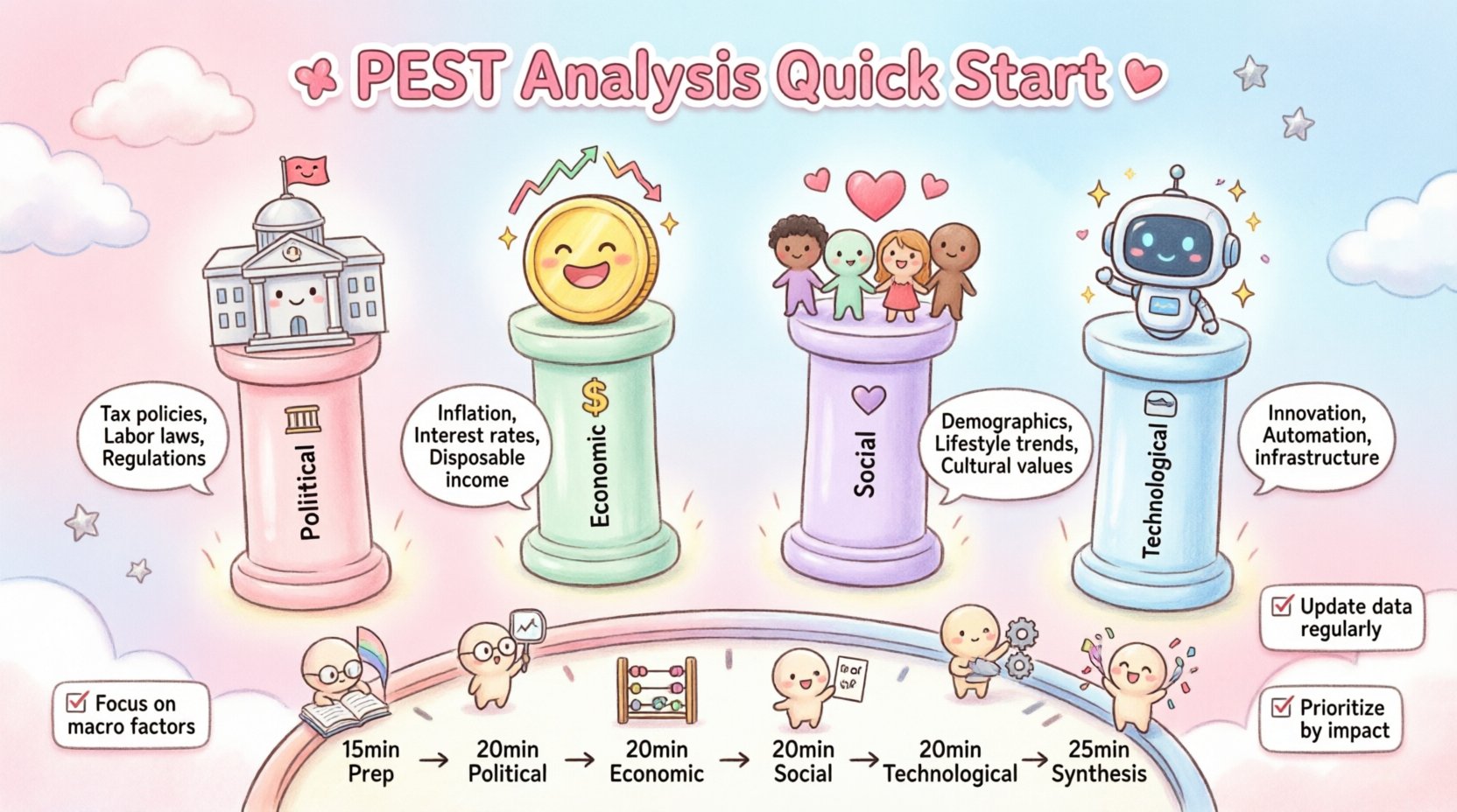Kawaii-style infographic illustrating a 2-hour PEST analysis framework for new businesses, featuring four pastel-colored pillars (Political, Economic, Social, Technological) with cute icons and key questions, a timeline breakdown showing 15-min prep, 20-min per pillar, and 25-min synthesis phase, plus pro tips for avoiding common pitfalls, all rendered in playful pastel colors with rounded kawaii design elements for intuitive strategic planning