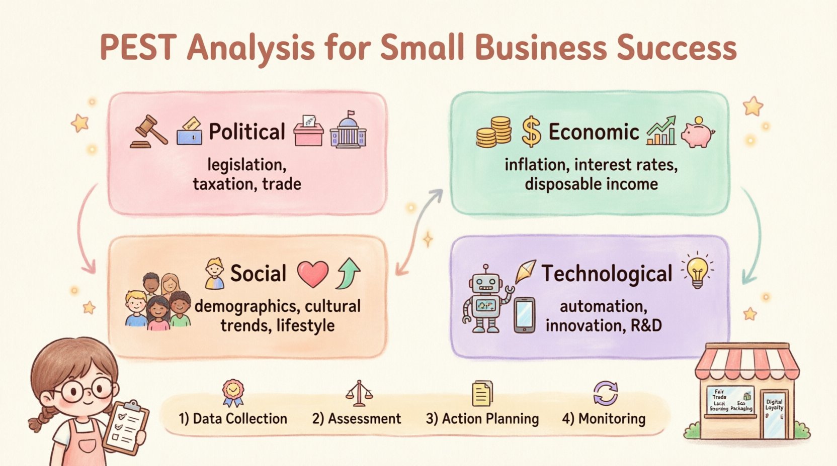 Cute kawaii vector infographic explaining PEST Analysis framework for small businesses, featuring four pastel-colored sections for Political, Economic, Social, and Technological factors with simplified icons, strategic planning steps, and a retail boutique case study example in 16:9 landscape format