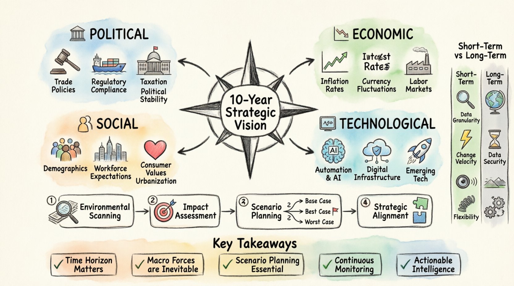 Hand-drawn infographic illustrating PEST Analysis framework for 10-year strategic planning, featuring four macro-environmental factors (Political, Economic, Social, Technological) with key indicators, a 4-step integration process (Environmental Scanning, Impact Assessment, Scenario Planning, Strategic Alignment), short-term vs long-term planning comparison, and key takeaways for organizational resilience, all presented in a sketch-style aesthetic with thick outlines and watercolor accents