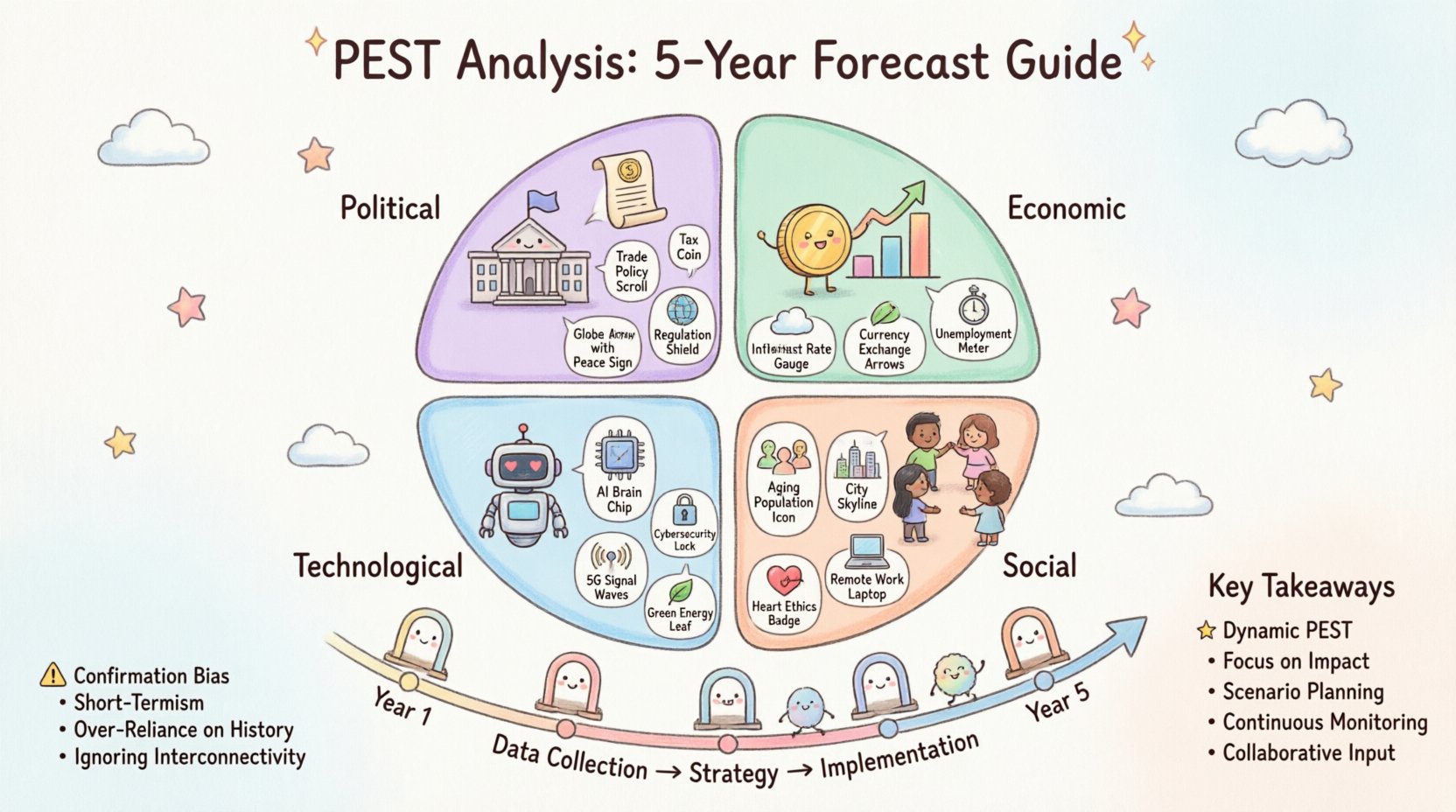 Kawaii cute vector infographic illustrating PEST Analysis framework for 5-year trend forecasting, featuring four pastel-colored quadrants with simplified icons for Political, Economic, Social, and Technological factors, plus timeline roadmap and key strategic takeaways in soft rounded design