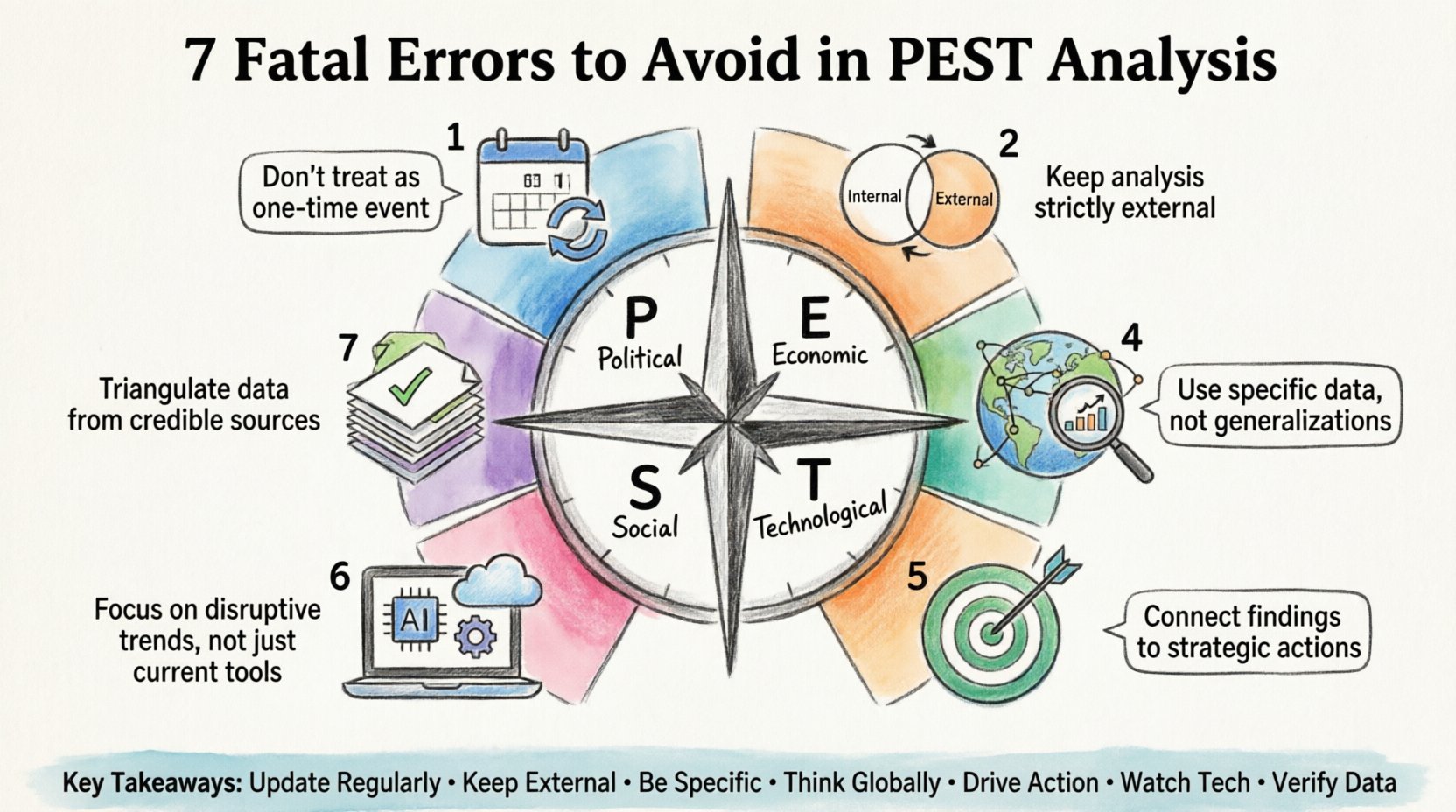 Marker illustration infographic showing 7 critical mistakes to avoid in PEST analysis: treating analysis as static event, confusing internal and external factors, using vague generalizations, ignoring geopolitical nuance, failing to connect analysis to action, underestimating technological disruption, and neglecting data validation sources, with visual icons, PEST compass centerpiece, and key takeaways for effective strategic planning and environmental scanning
