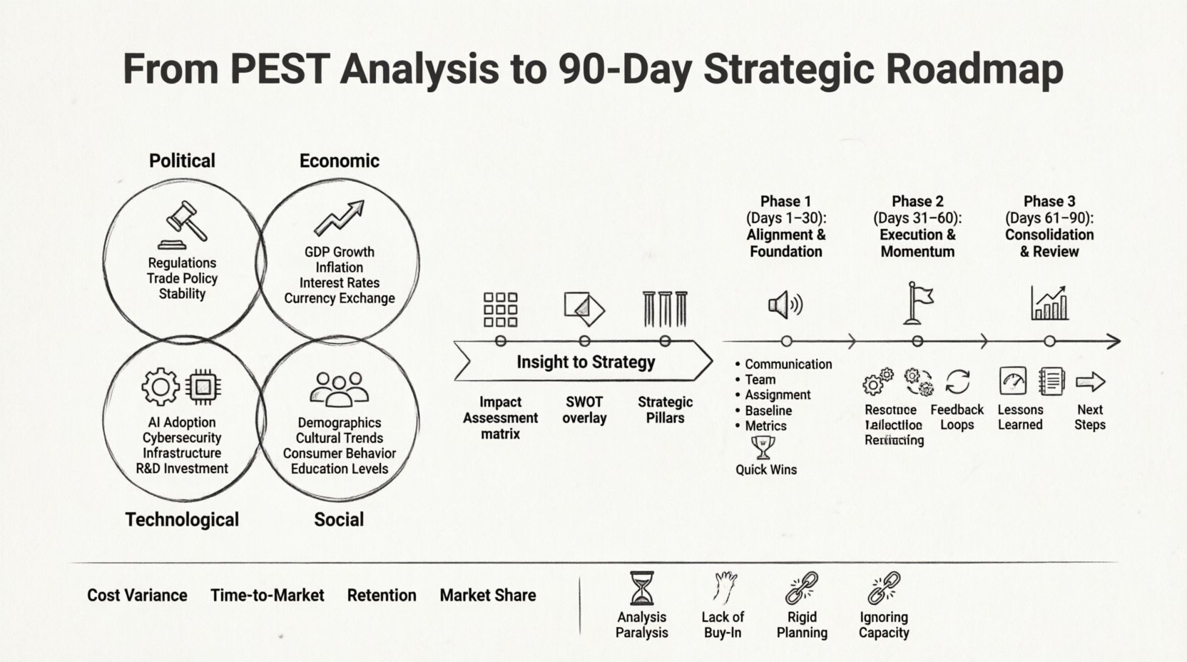 Line art infographic illustrating the strategic planning workflow: PEST Analysis framework (Political, Economic, Social, Technological factors) transitions through an insight-to-strategy bridge (Impact Assessment, SWOT Integration, Strategic Pillars) into a 90-Day Roadmap with three phases—Days 1-30 Alignment & Foundation, Days 31-60 Execution & Momentum, Days 61-90 Consolidation & Review—plus key KPIs and common pitfalls for effective business strategy execution