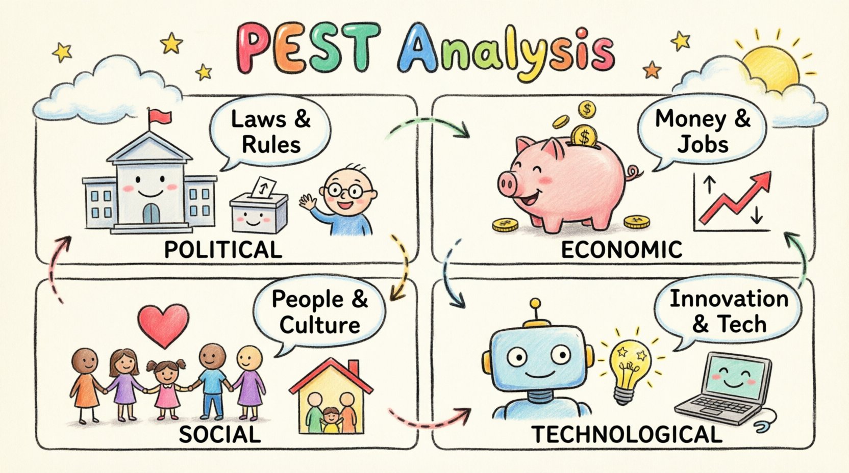 A colorful child's drawing style infographic explaining PEST Analysis with four playful sections: Political (government building and flag), Economic (piggy bank and coins), Social (diverse people and hearts), and Technological (robot and lightbulb), designed to help beginners understand the four key external macro-environmental forces affecting business strategy and decision-making.