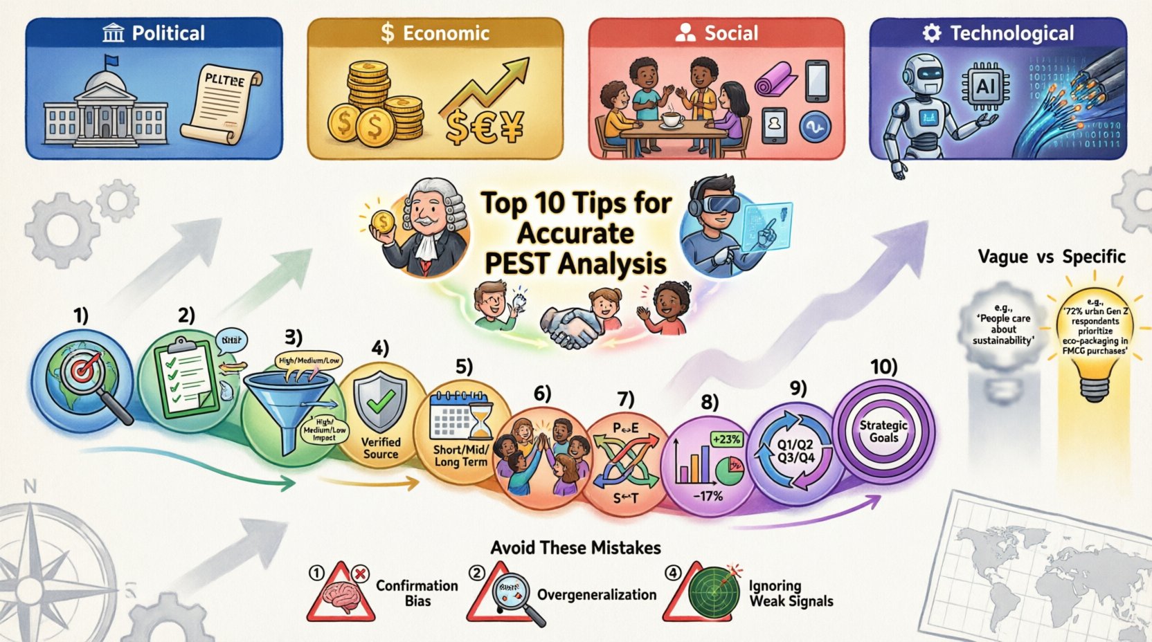Cartoon infographic illustrating the top 10 best practices for conducting an accurate PEST analysis, featuring the four pillars (Political, Economic, Social, Technological), actionable tips for data validation and strategic alignment, a vague vs specific data comparison, and common mistakes to avoid for effective business strategic planning