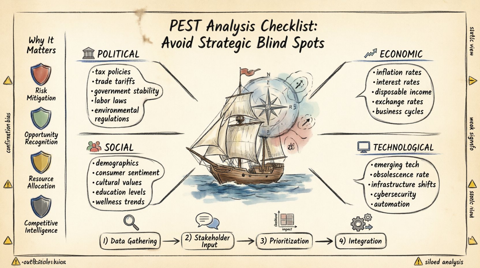 Hand-drawn infographic illustrating the PEST Analysis framework for strategic planning, featuring four categories (Political, Economic, Social, Technological) with checklist questions, strategic benefits, execution steps, and common pitfalls, using a sailboat navigation metaphor with thick outline strokes and watercolor accents