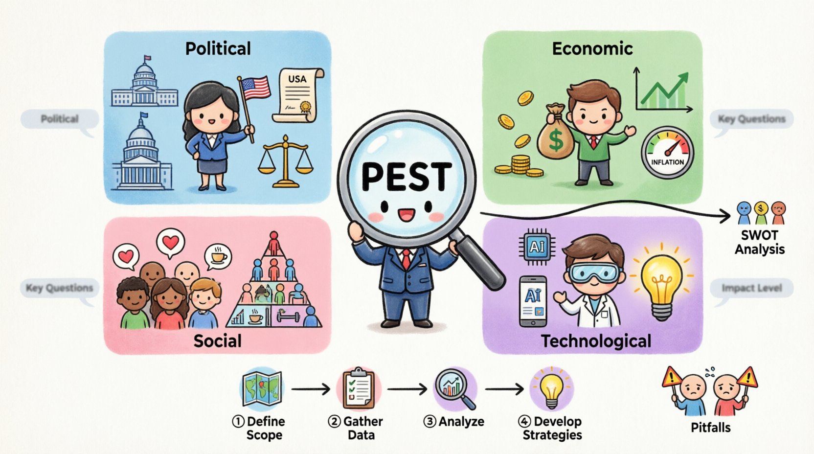 Chibi-style infographic illustrating PEST Analysis framework for business strategic planning, featuring cute characters representing Political factors (government policies, regulations), Economic factors (inflation, GDP, interest rates), Social factors (demographics, cultural trends), and Technological factors (AI, automation, innovation), with visual step-by-step guide for conducting external environmental scanning to inform decision-making