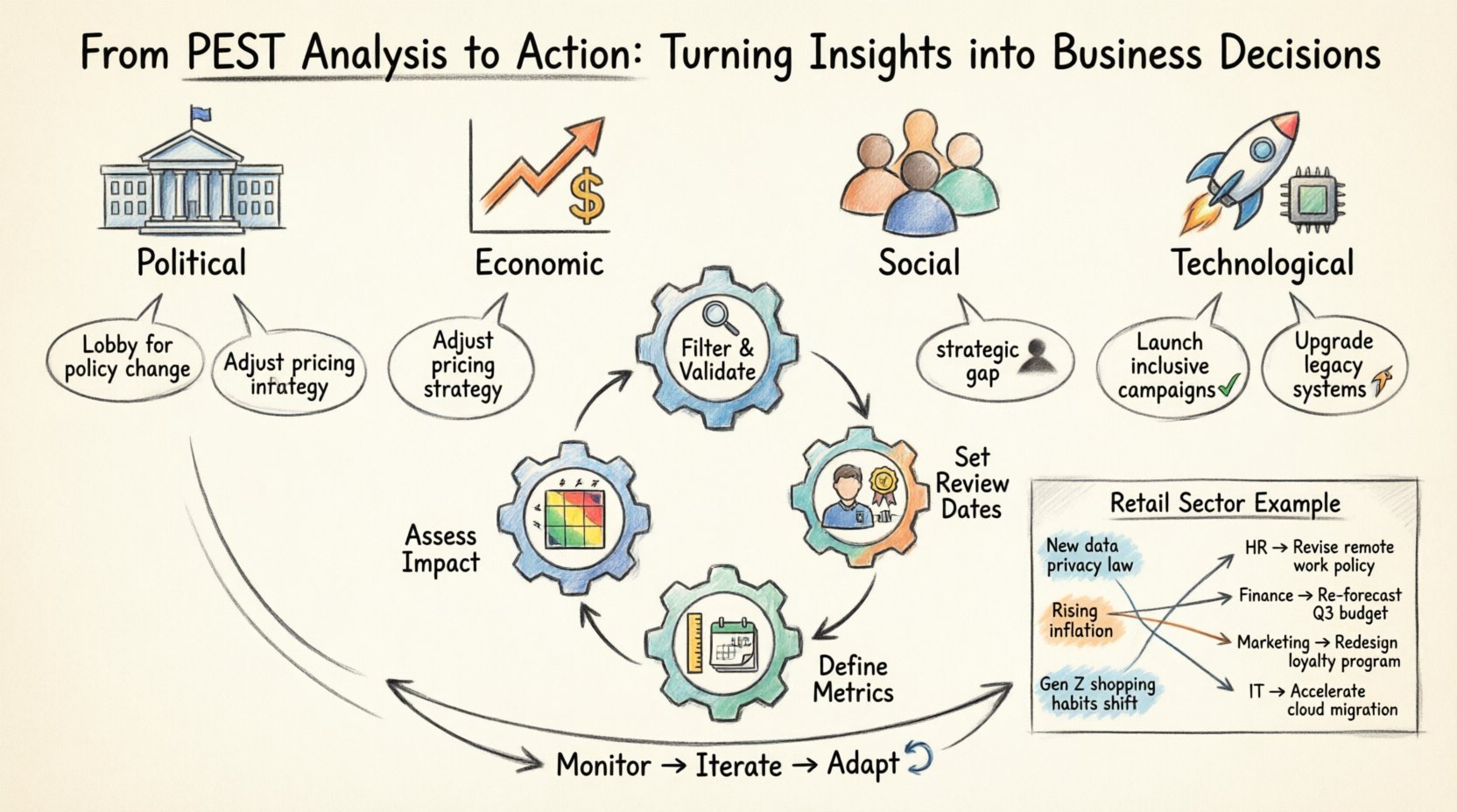 Hand-drawn infographic illustrating how to transform PEST analysis findings (Political, Economic, Social, Technological) into concrete business decisions through a 5-step framework: filter, assess, assign ownership, define metrics, and set review dates, with actionable examples and risk mitigation strategies for strategic agility