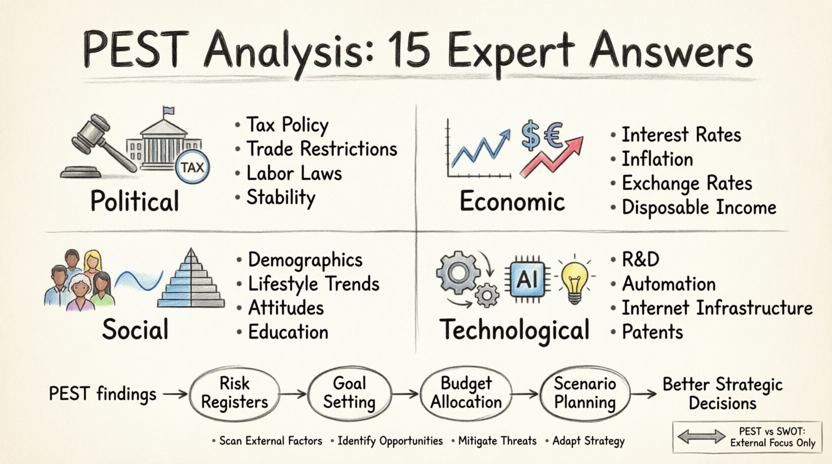 Sketch-style infographic illustrating PEST Analysis framework with four pillars: Political (tax policy, trade restrictions, labor laws, stability), Economic (interest rates, inflation, exchange rates, disposable income), Social (demographics, lifestyle trends, attitudes, education), and Technological (R&D, automation, internet infrastructure, patents). Shows integration flow from external factor scanning to strategic decision-making, including risk registers, goal setting, and scenario planning. Compares PEST vs SWOT analysis and highlights key questions for each macro-environmental factor. Professional hand-drawn business illustration in 16:9 format for strategic planning resources.