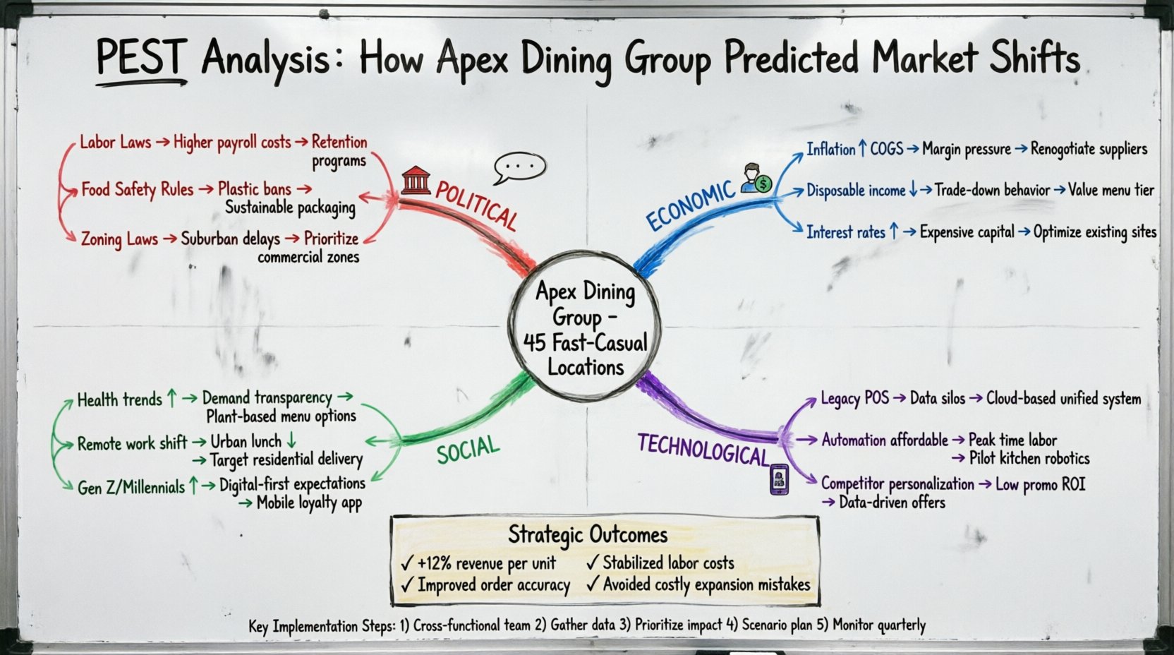 Hand-drawn whiteboard infographic illustrating PEST analysis framework applied to Apex Dining Group franchise case study, featuring four color-coded sections for Political (red), Economic (blue), Social (green), and Technological (purple) factors with key observations, business impacts, and strategic actions, plus outcome metrics showing 12% revenue growth and implementation steps for franchise operators