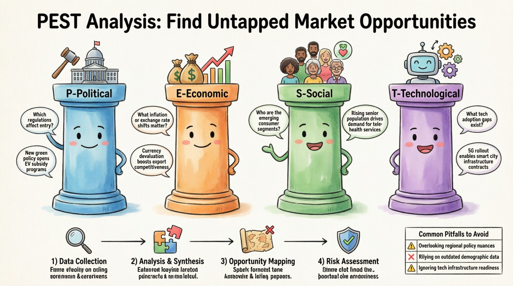 Cartoon infographic illustrating PEST Analysis framework for business growth strategy, showing Political, Economic, Social, and Technological factors with key questions, opportunity examples, and a 4-step strategic planning roadmap in bright 16:9 layout