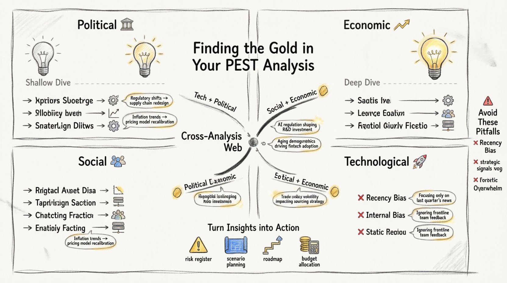 Sketch-style infographic illustrating the PEST Analysis framework (Political, Economic, Social, Technological) with deep-dive strategic insights, cross-factor interactions, and actionable steps for competitive advantage in business planning