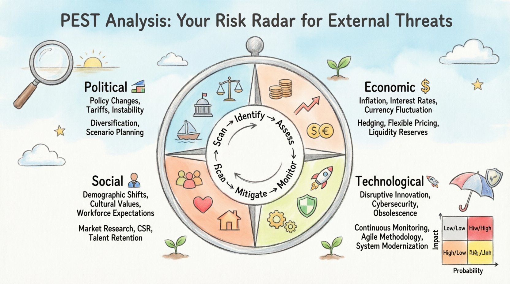 Whimsical infographic illustrating PEST Analysis framework for risk assessment, showing Political, Economic, Social, and Technological external threat categories with key risk indicators and mitigation strategies, designed as a colorful radar compass with playful illustrations for business risk management planning
