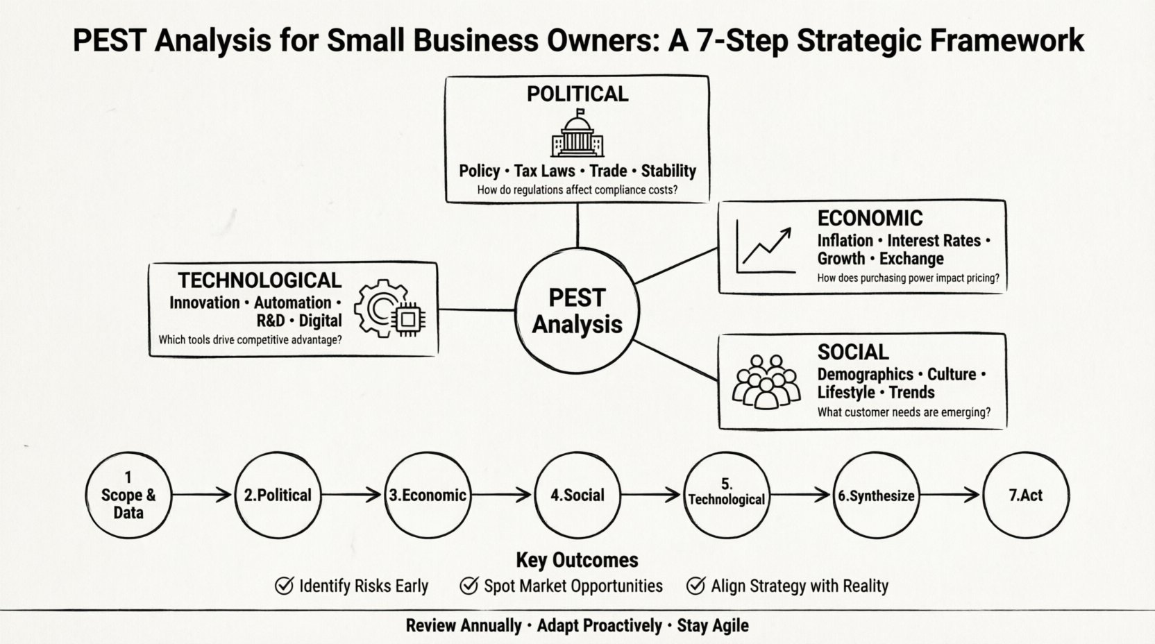 Line art infographic illustrating a 7-step PEST analysis framework for small business owners, featuring Political, Economic, Social, and Technological factors with key questions, strategic impacts, and actionable outcomes in a clean 16:9 widescreen layout