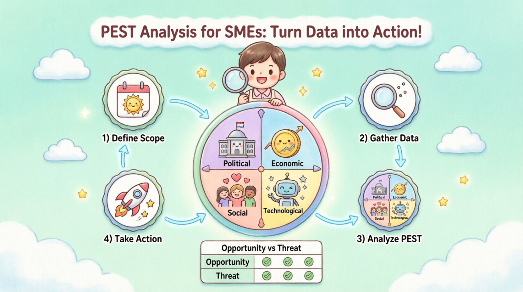 Kawaii-style infographic illustrating a practical PEST analysis framework for small and medium enterprises, featuring cute pastel-colored icons for Political, Economic, Social, and Technological factors surrounding a central workflow that guides SMEs from data gathering through analysis to strategic action, with friendly characters, numbered steps, and visual cues showing how to turn external market insights into actionable business decisions