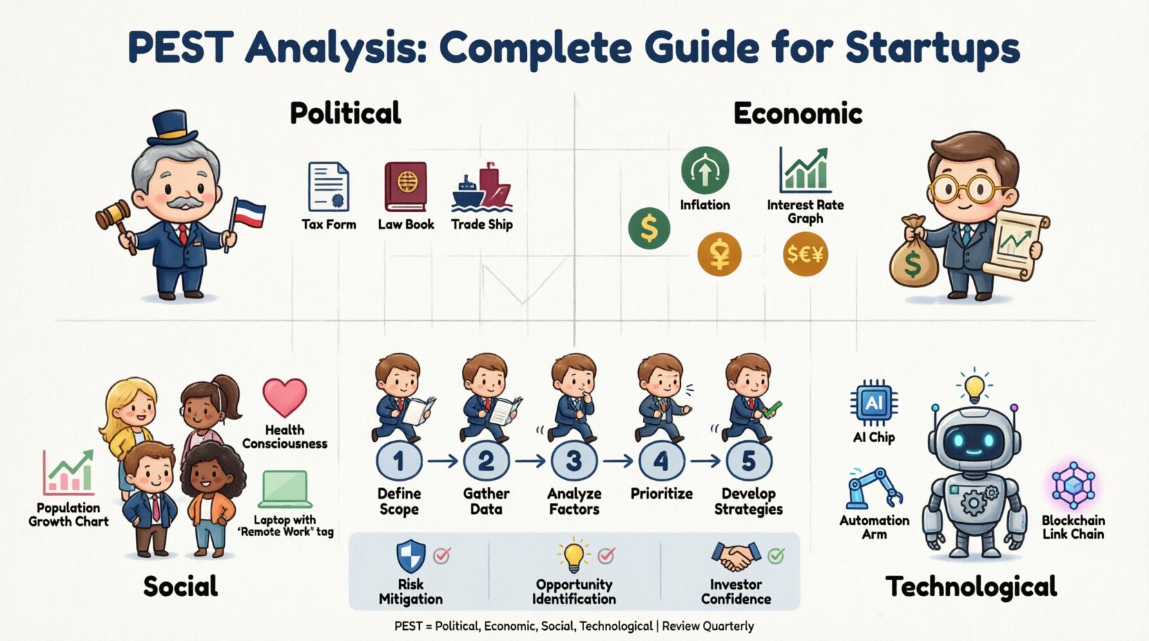 Chibi-style infographic illustrating PEST Analysis framework for startup founders: four quadrants featuring cute characters representing Political (gavel, regulations), Economic (charts, inflation), Social (diverse people, trends), and Technological (AI, automation) factors, plus a 5-step implementation guide and key benefits including risk mitigation, opportunity identification, and investor confidence, designed in 16:9 aspect ratio with playful pastel colors and clear English labels