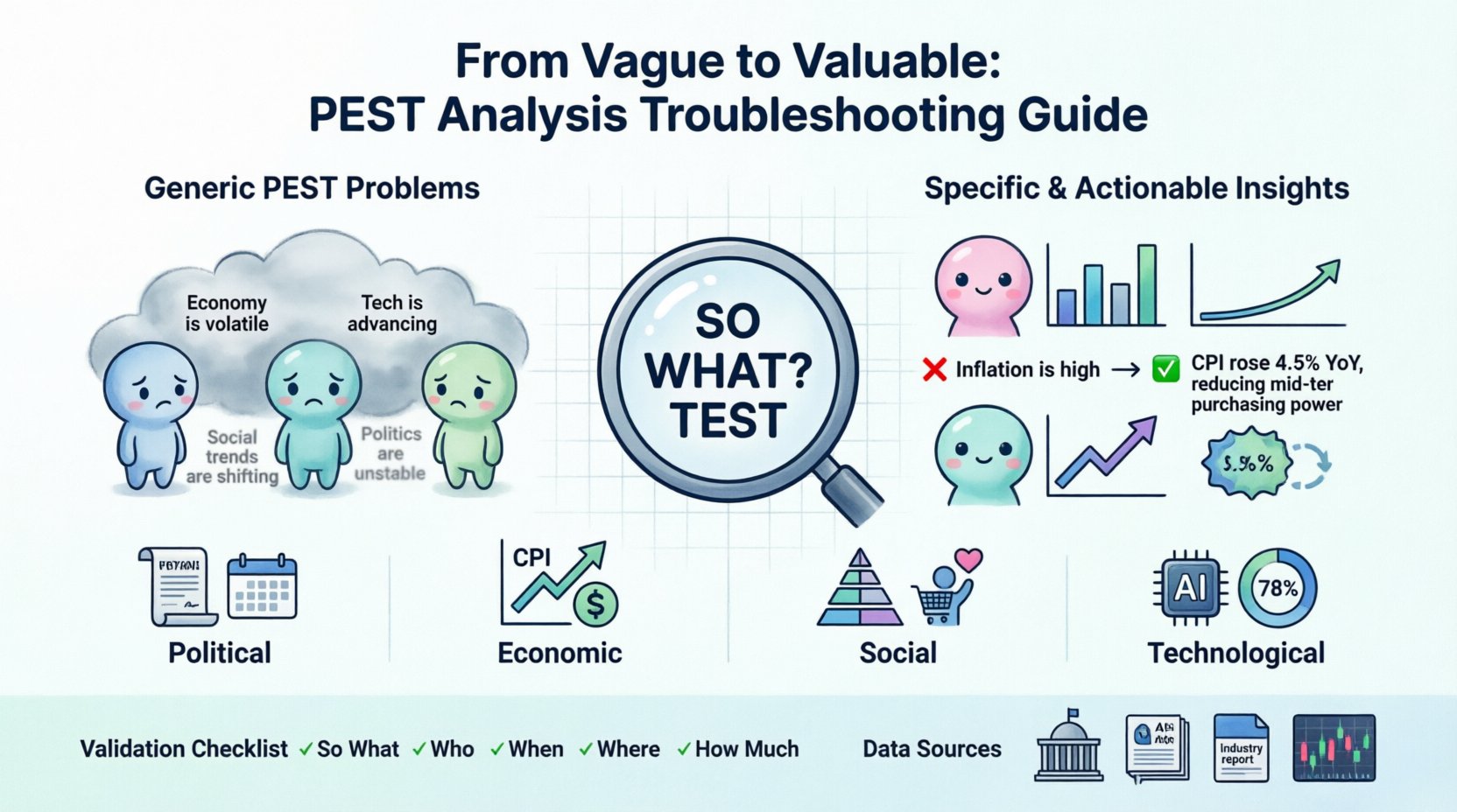 Chibi-style infographic guide for troubleshooting PEST analysis, showing how to transform vague political, economic, social, and technological factors into specific, data-driven strategic insights. Features cute character illustrations representing each PEST category, before/after comparison of generic vs actionable statements, step-by-step refinement process, validation checklist with 'So What?' test, and credible data source icons. Designed for strategic planners and business teams to improve environmental scanning and decision-making.