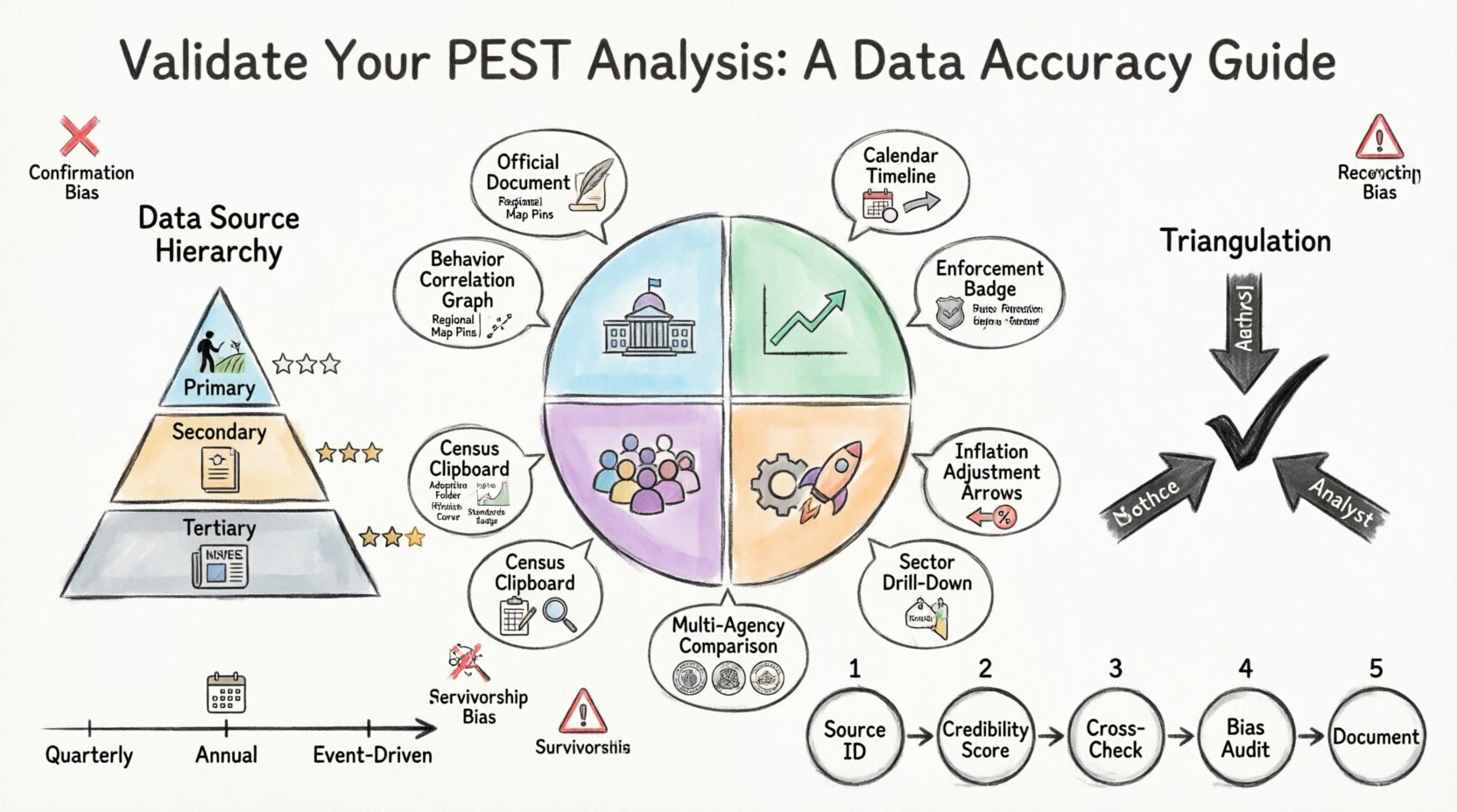 Marker illustration infographic showing how to validate PEST analysis data for strategic planning accuracy, featuring Political Economic Social Technological framework quadrants with verification checklists, data source reliability hierarchy pyramid, triangulation method diagram, bias mitigation warnings, and maintenance workflow timeline for business decision-making