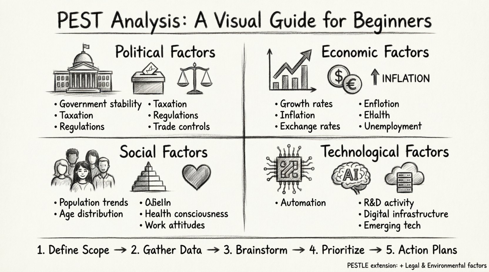 Charcoal sketch infographic illustrating PEST Analysis framework for strategic planning: four quadrants showing Political factors (government policy, taxation, regulations, trade controls), Economic factors (growth rates, inflation, exchange rates, unemployment), Social factors (demographics, health consciousness, work attitudes, cultural trends), and Technological factors (automation, R&D, digital infrastructure, emerging tech); includes 5-step implementation process flow from scope definition to action plans; designed as a visual beginner's guide for business strategy, market research, and strategic decision-making