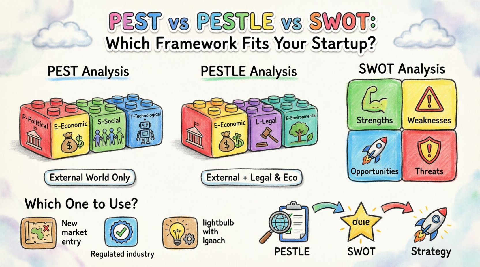 Hand-drawn child-style infographic comparing three business strategy frameworks for startups: PEST (Political, Economic, Social, Technological factors), PESTLE (adds Legal and Environmental considerations), and SWOT (Strengths, Weaknesses, Opportunities, Threats analysis), featuring colorful crayon illustrations, simple icons, and visual guidance on when to use each framework for strategic planning