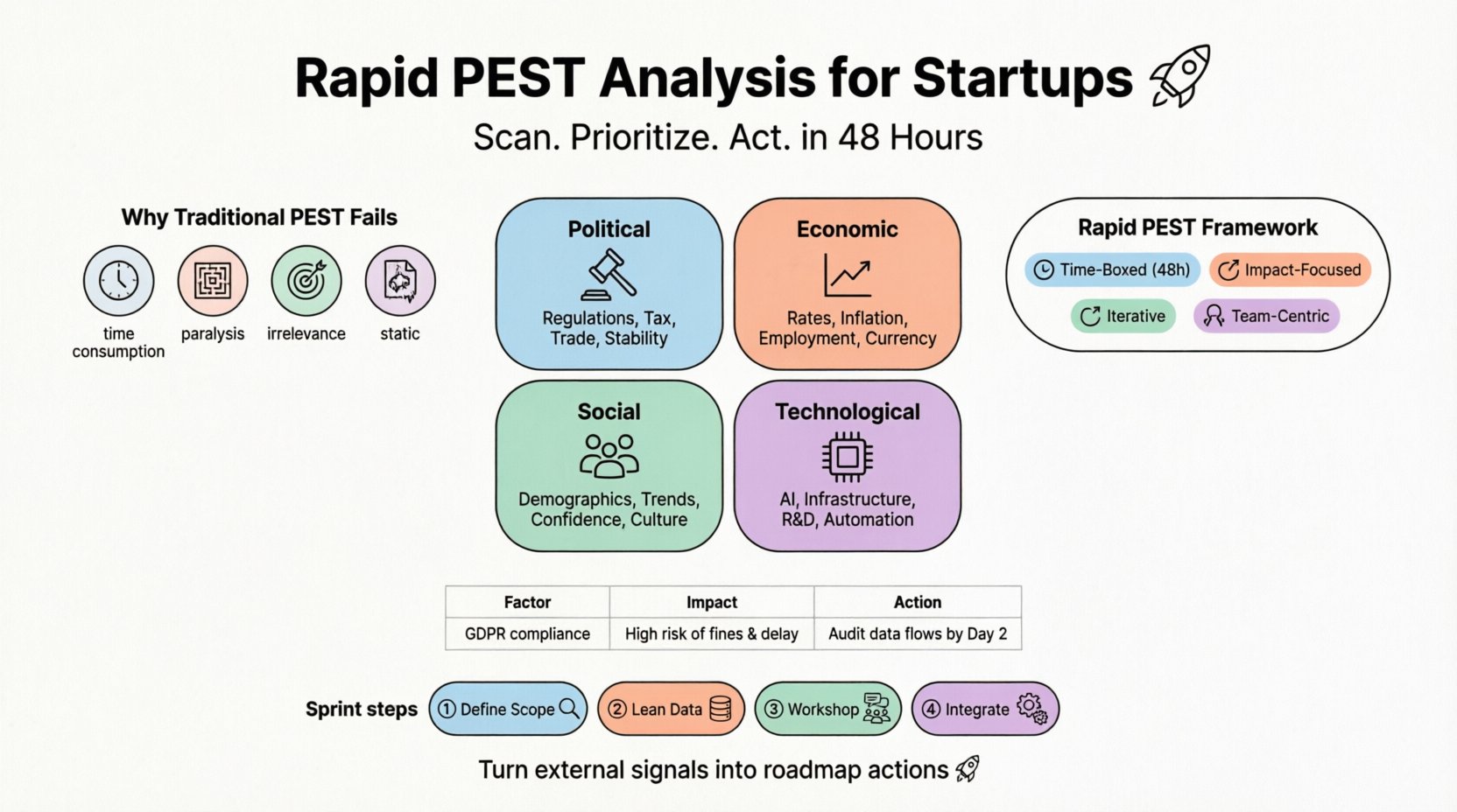 Infographic illustrating the Rapid PEST Analysis method for startups: a 4-quadrant framework (Political, Economic, Social, Technological) with pastel-colored icons, core principles (time-boxed, impact-focused, iterative, team-centric), execution sprint steps, and actionable template—all in clean flat design with black outlines and rounded shapes for social media and student-friendly learning
