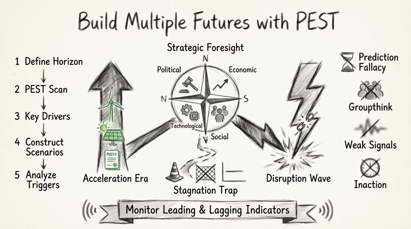 Charcoal contour sketch infographic illustrating scenario planning with PEST analysis framework: central compass labeled Strategic Foresight surrounded by Political, Economic, Social, and Technological quadrants, branching into three future pathways (Acceleration Era, Stagnation Trap, Disruption Wave), with five-step process flow, pitfall warnings, and trigger monitoring indicators for strategic business planning