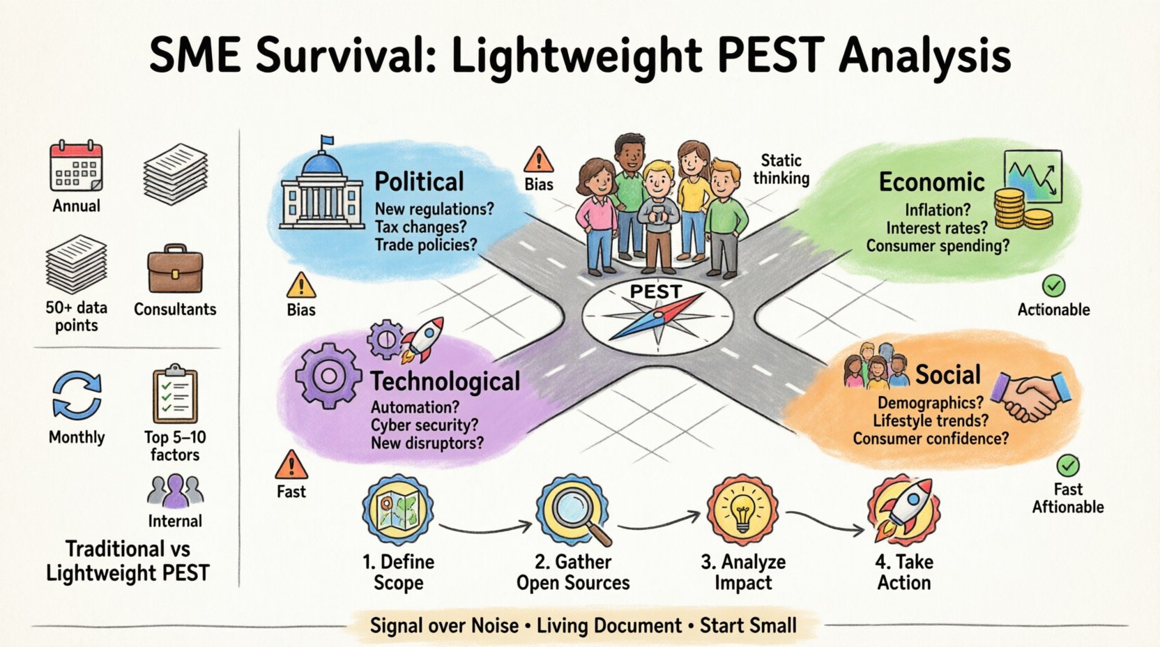 Cartoon infographic illustrating a lightweight PEST analysis framework for small and medium enterprises, featuring four color-coded sections for Political, Economic, Social, and Technological factors with key guiding questions, a side-by-side comparison of traditional versus streamlined approaches, and a four-step implementation process for resource-constrained teams to identify risks and opportunities without overwhelming their workflow